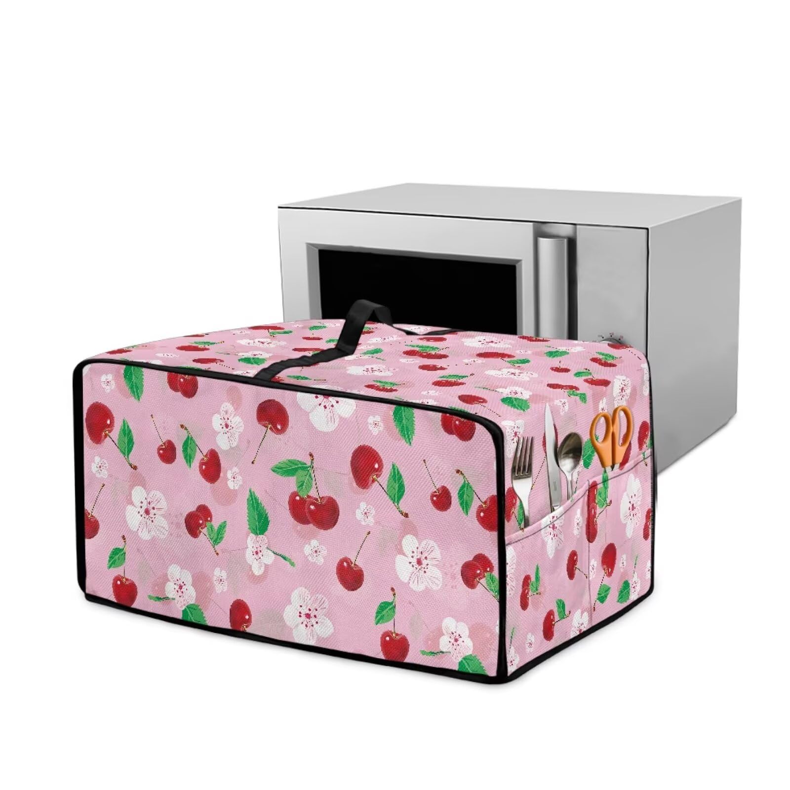 Mintulipy Pink Cherry Bread Maker Cover with Multiple Pockets Small Kitchen Appliance Protector Anti Greasy Dustproof Bread Machine Dust Cover Home Decor