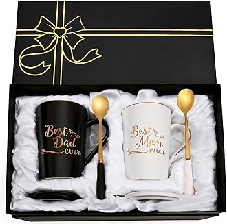 YHRJWN Mom and Dad Gifts, Best Dad and Mom Mug, Christmas Birthday Gifts for Parents from Daughter Son New Parent Couple Gift Set, Christmas 14 Oz Coffee Mug with Gift Box Coaster Spoon