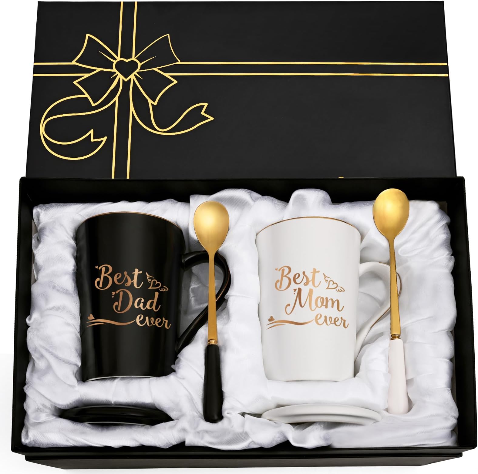 YHRJWN Mom and Dad Gifts, Best Dad and Mom Mug, Christmas Birthday Gifts for Parents from Daughter Son New Parent Couple Gift Set, Christmas 14 Oz Coffee Mug with Gift Box Coaster Spoon