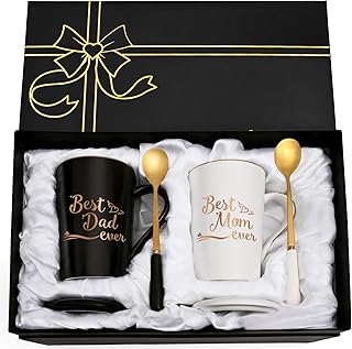 YHRJWN Mom and Dad Gifts, Best Dad and Mom Mug, Christmas Birthday Gifts for Parents from Daughter Son New Parent Couple Gift Set, Christmas 14 Oz Coffee Mug with Gift Box Coaster Spoon