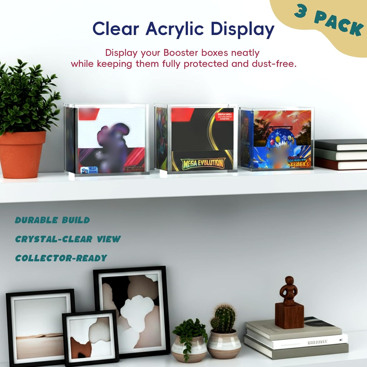 PKMN Booster Box Acrylic Case Protector(3 Pack)–Ultra Thick 6/8mm Clear Acrylic Display Box with Sliding Slot & 5mm Magnetic Lid,Rounded Edges,Collector Case Compatible with Trading Card Booster Boxes