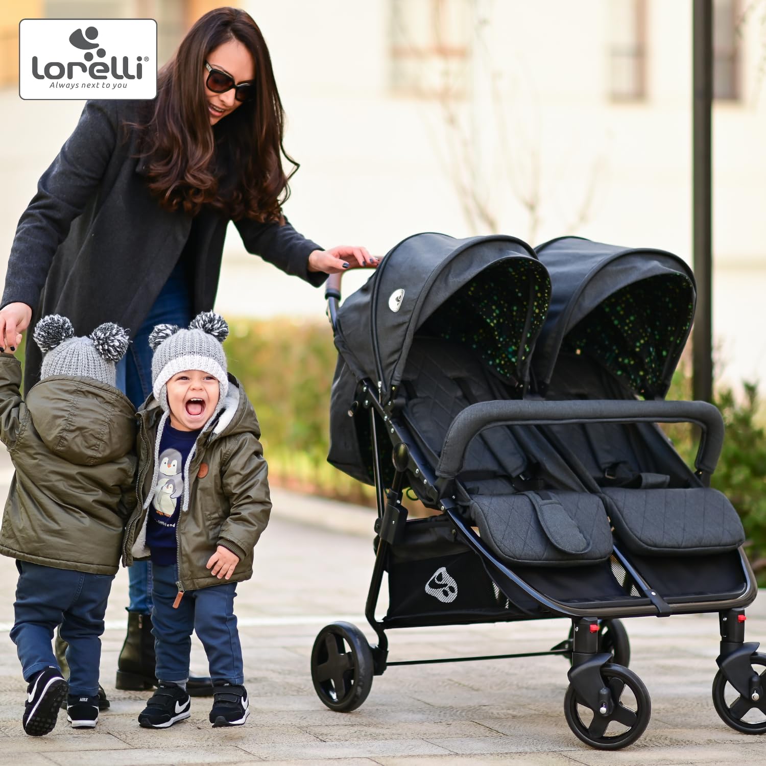 Lorelli silla de paseo gemelar dúo plegable ajustable cubrepiés bolsa de pañales, color:gris claro