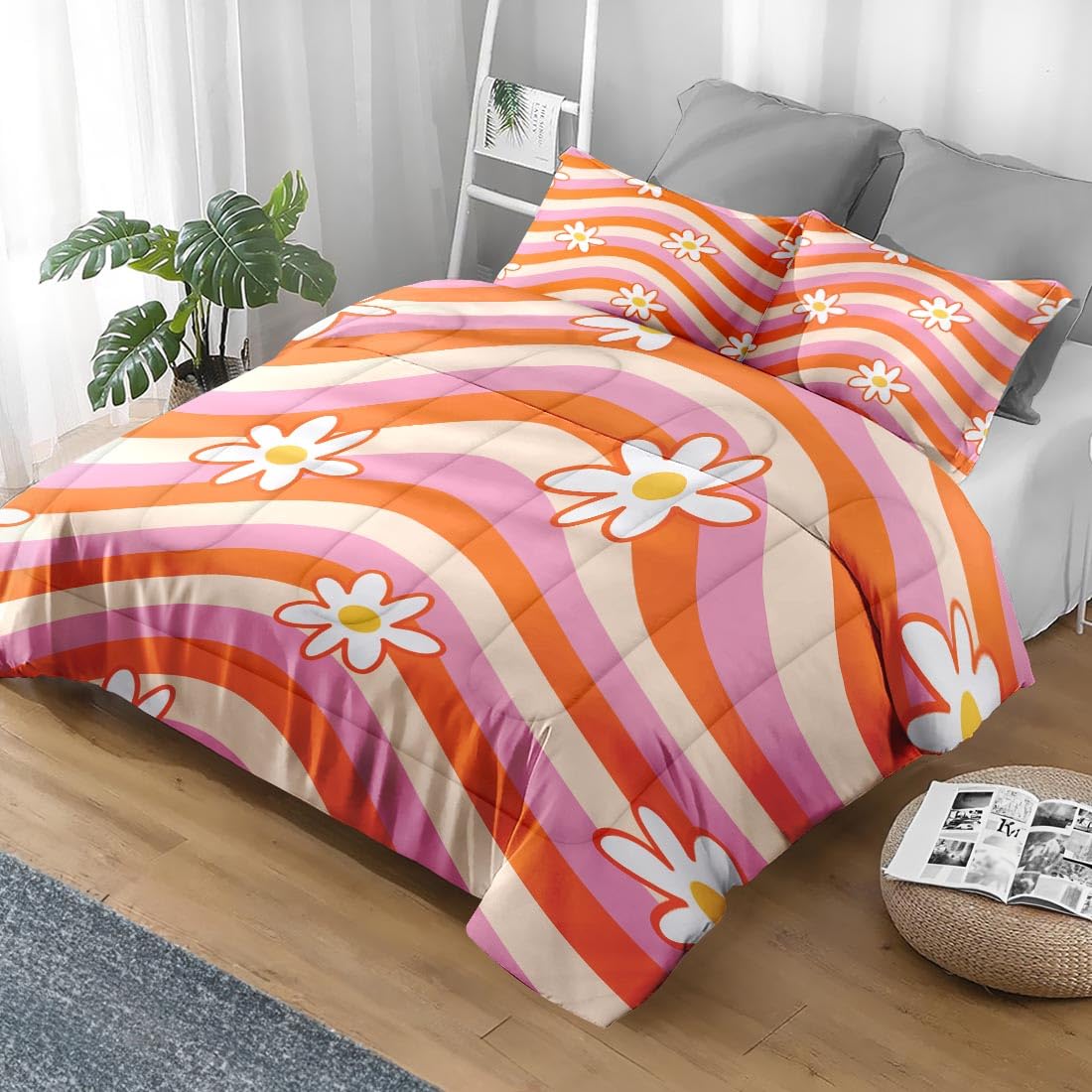 Pamnest Comforter Set Twin Size, Daisy Retro Orange Soft 2 Pcs Bedding for Kids and Adults, Pink Hippie Aesthetic Comforter Set with Pillowcase, for Bedroom Bed Decor
