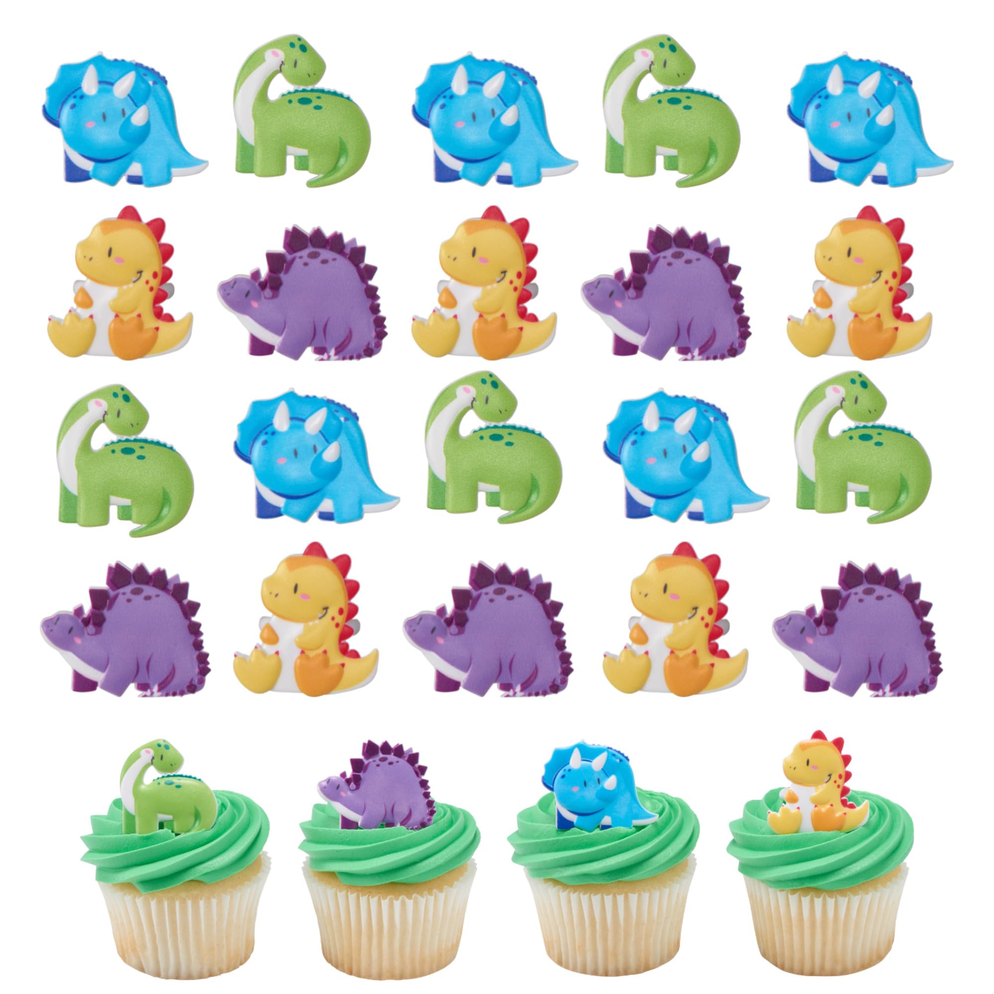 DecoPac Cutsie Dinosaur Rings, Dino Cupcake Decorations, Birthday Party Cupcake Toppers, Food Safe, 4 Designs – 24 Pack