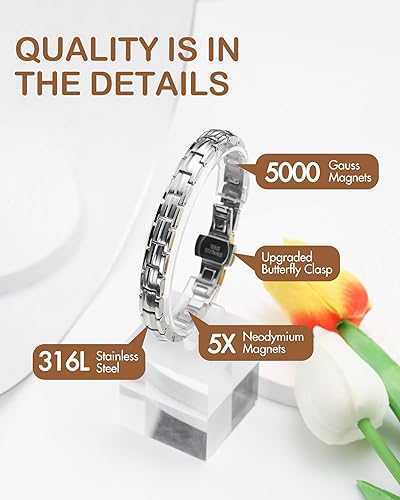 Miniatura 4 de Feraco Pulseras magnéticas de 5 veces más fuerza para mujer, pulsera magnética de acero inoxidable con imanes ultra potentes de 5000 Gauss, cierre