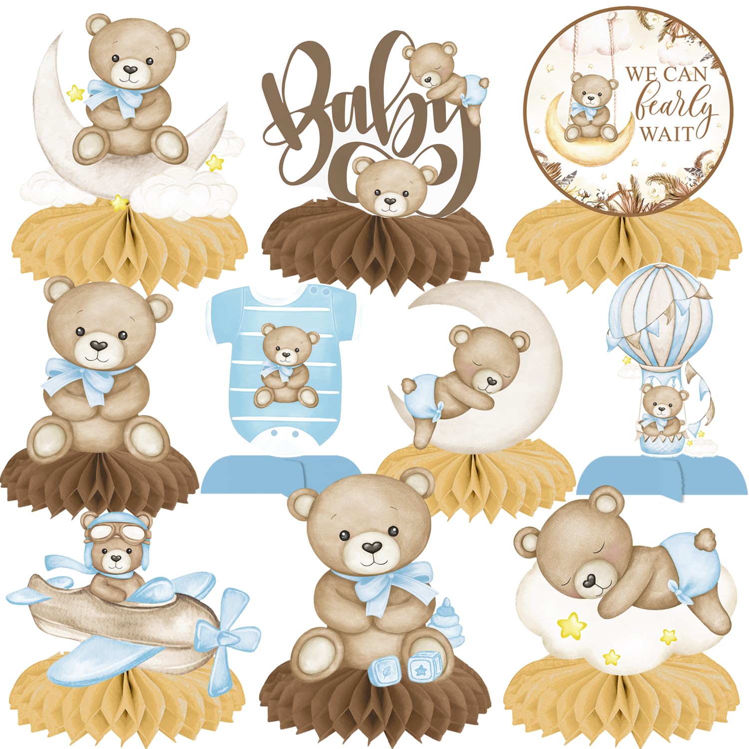 We Can Bearly Wait - Centros de mesa de panal de abeja para mesa, oso de peluche, decoración de fiesta de baby shower, 11 piezas de decoración de mesa de oso azul para bebés y niños, suministros de