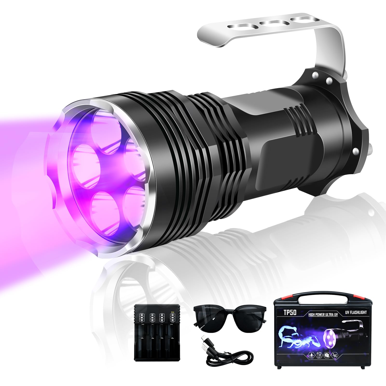 Ultrafire Schwarz Uv Torch 395Nm Led Black Light, 50W High Definition Ultraviolet Light, Long Range Handheld Uv Lamp For Searching Amber, Rocks, Minerals, Scorpions Hunting, Resin Curing, Leak Detection