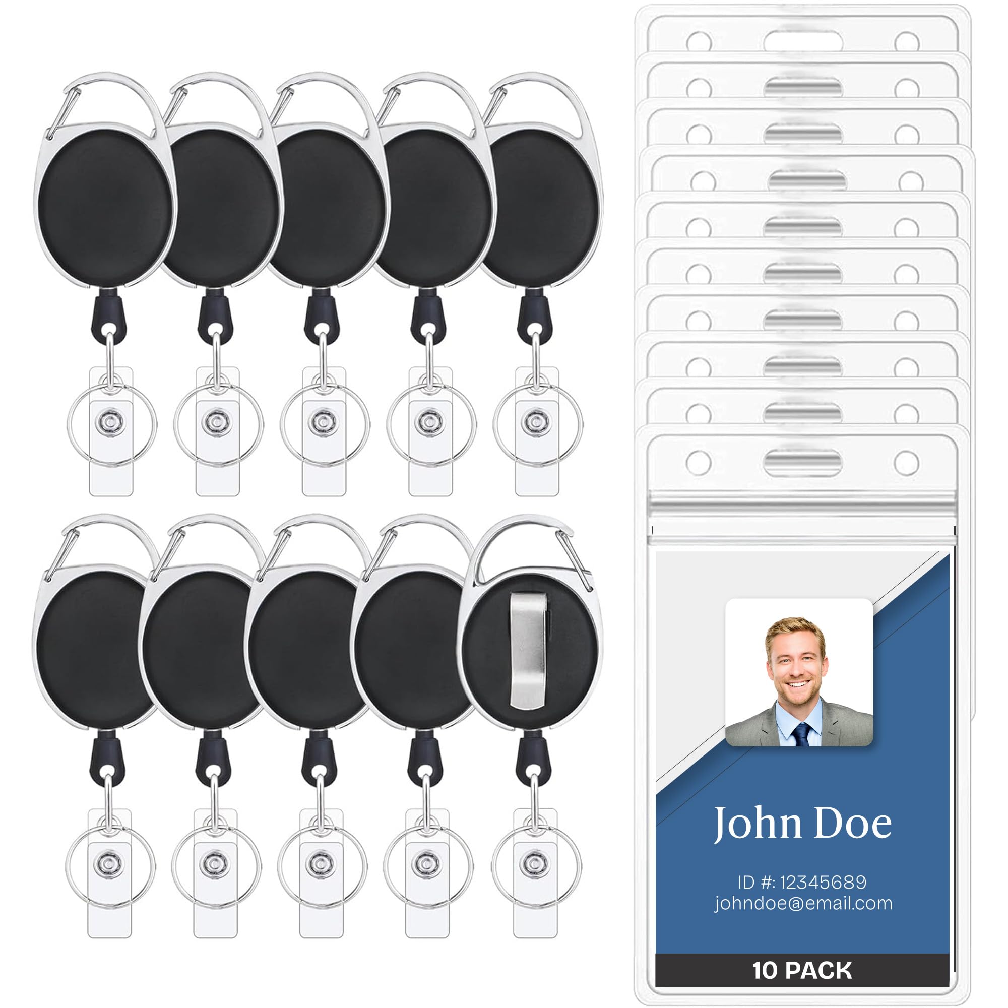 Will Well ID Badge Holders with Clip and Keyring - Vertical Clear Plastic 3.58" x 2.52" Sleeves Fit Up to 3 Cards - Retractable 24" UHMWPE Fiber Pull Cords for Easy Access - 10-Pack, Black Reels