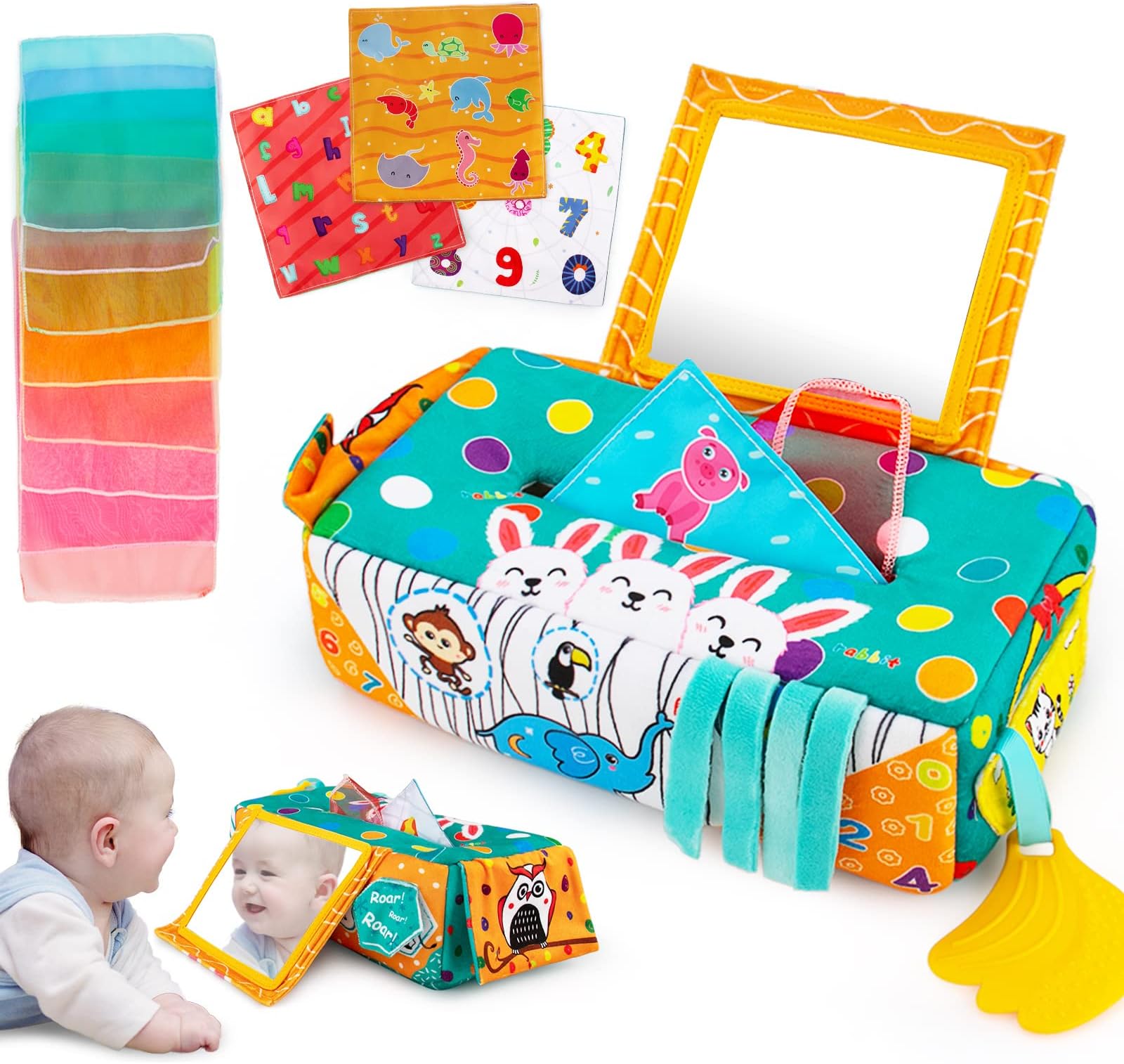 teytoyBaby Tissue Box Toy, Montessori Tissue Box Sensory Toy with Tummy Time Mirror Toy for Infant Newborn Toddlers High Contrast Sensory Toys for Boys Girls Early Learning Toys Baby Gifts