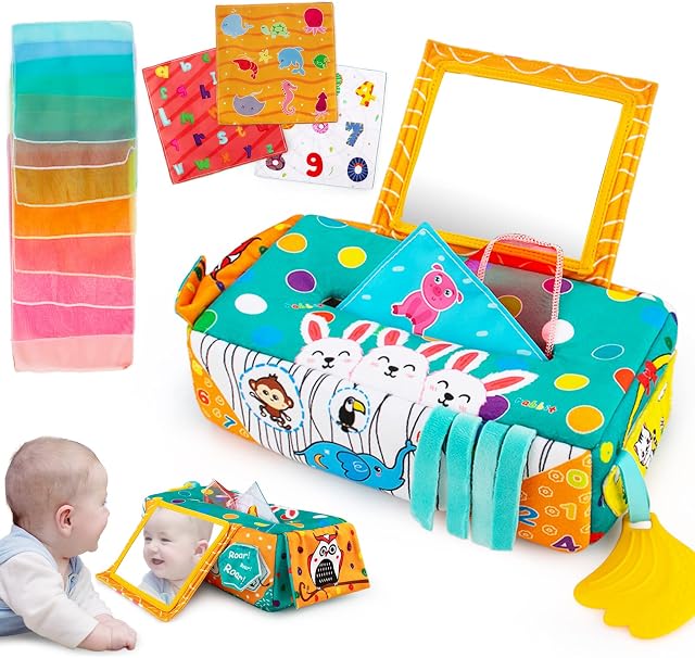 teytoy Baby Tissue Box Toy, Montessori Tissue Box Sensory Toy with Tummy Time Mirror Toy for Infant Newborn Toddlers High Contrast Sensory Toys for Boys Girls Early Learning Toys Baby Gifts