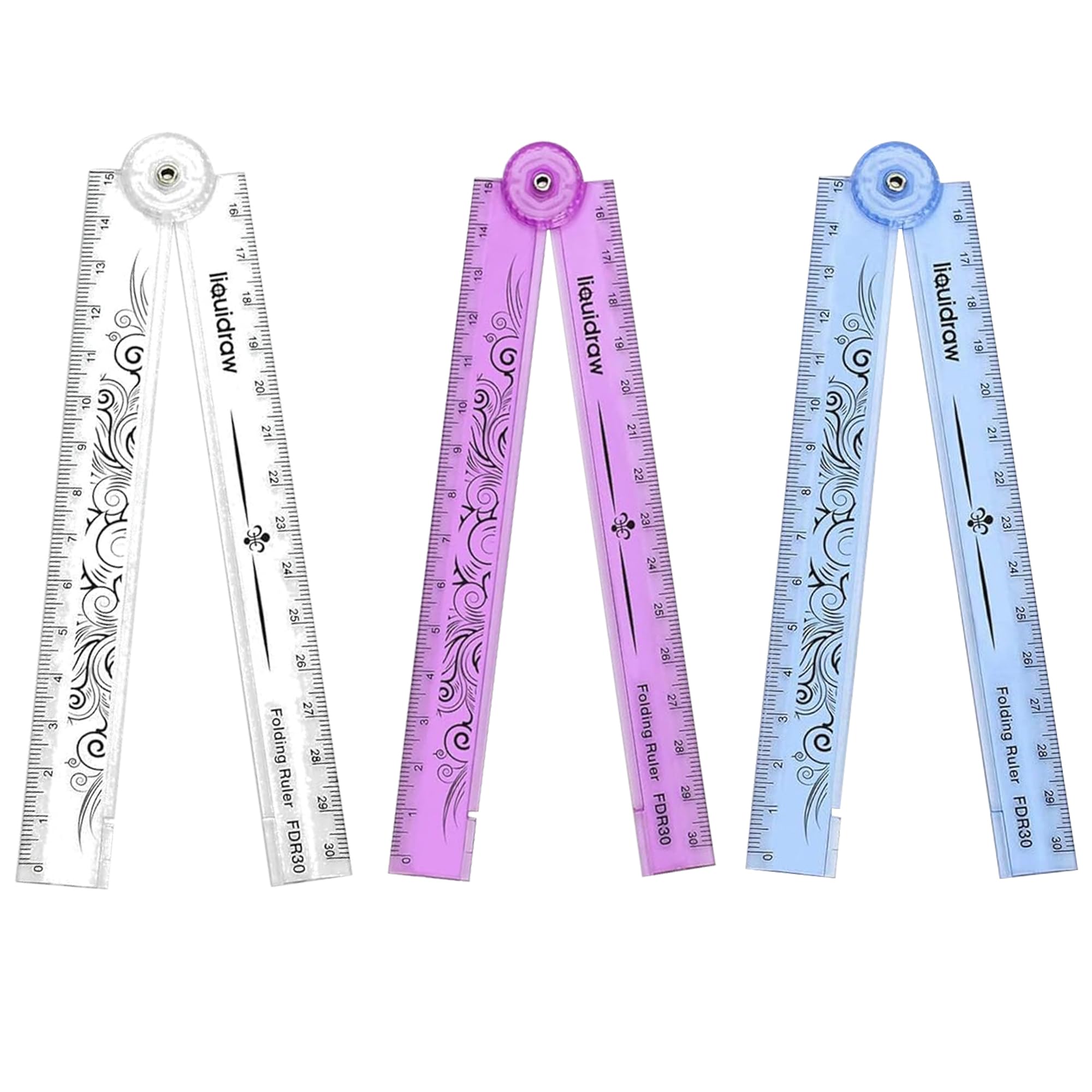 Liquidraw 30 cm Folding Ruler Set of 3- Blue Clear Pink | Shatterproof & Ideal for School or Work Stationery | Folds to 15 cm to Fit in Pencil Case | Millimetre & Centimetre Markings