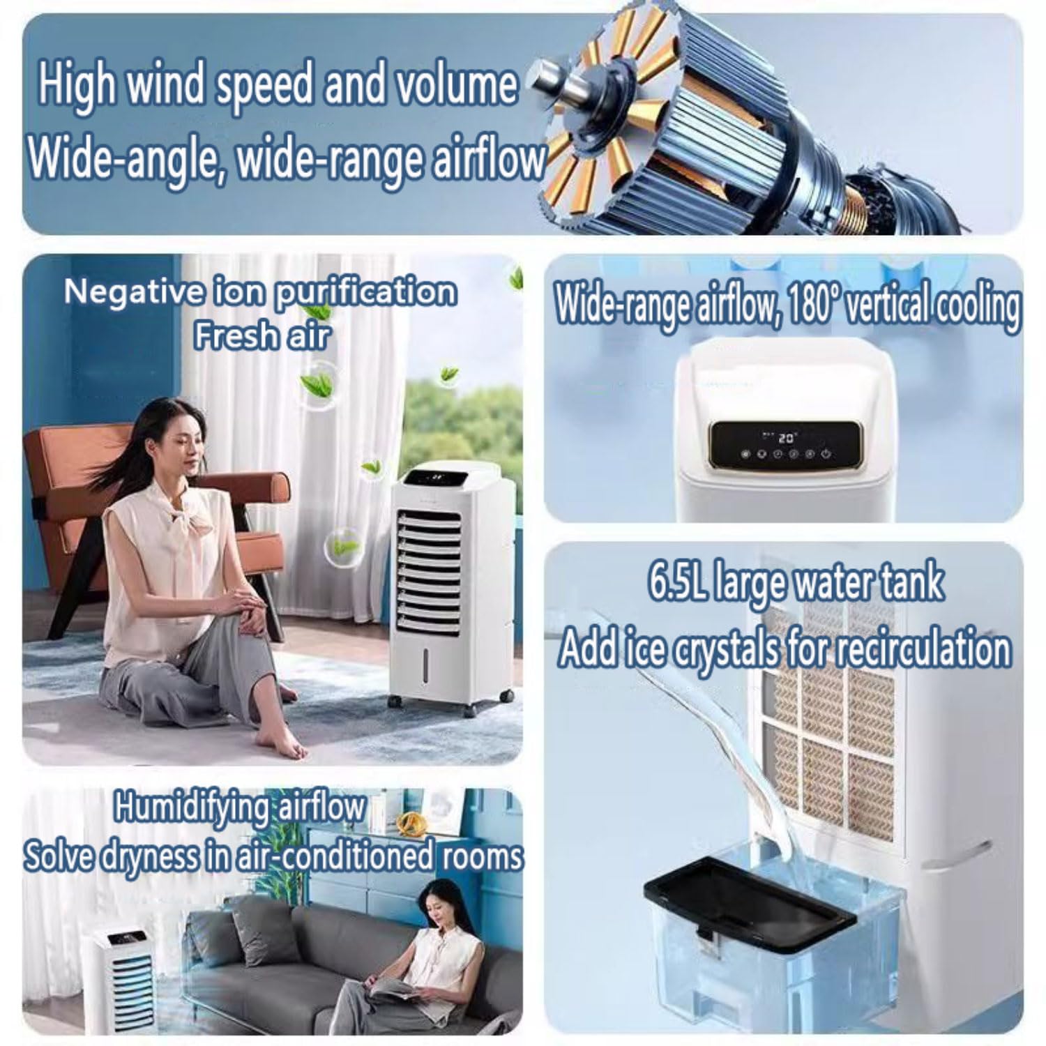Condizionatore d'aria portatile, oscillante a 120°, con timer 12h, 3 modalità e 3 velocità, ventola di raffreddamento per camera da letto, ufficio, interno