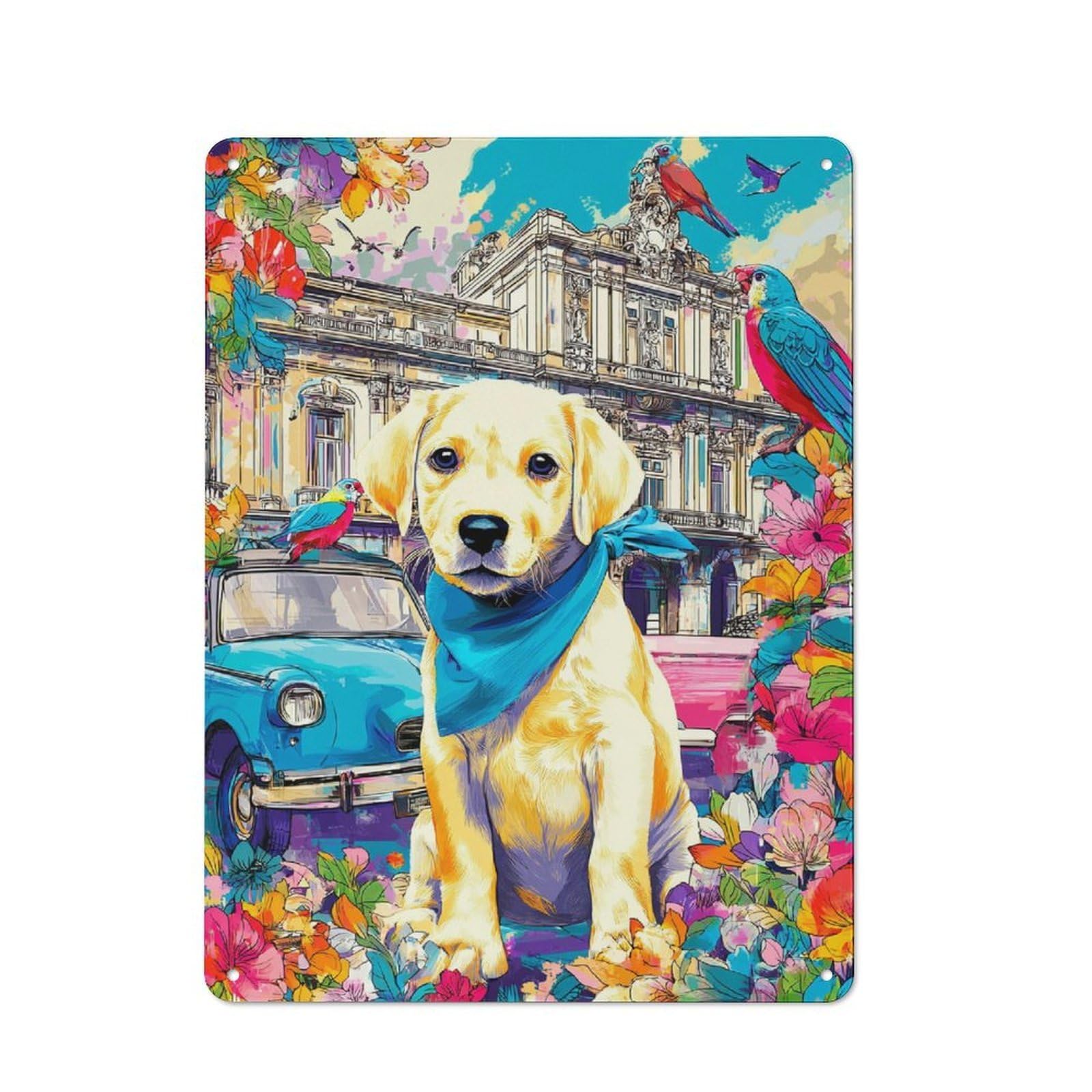 Junmoney Colorful Cityscape With Puppy And Flowers Modern Retro Metal Wall Decor 40X30cm, Metal Wall Sign For Loft, Studio, Office Or Creative Room