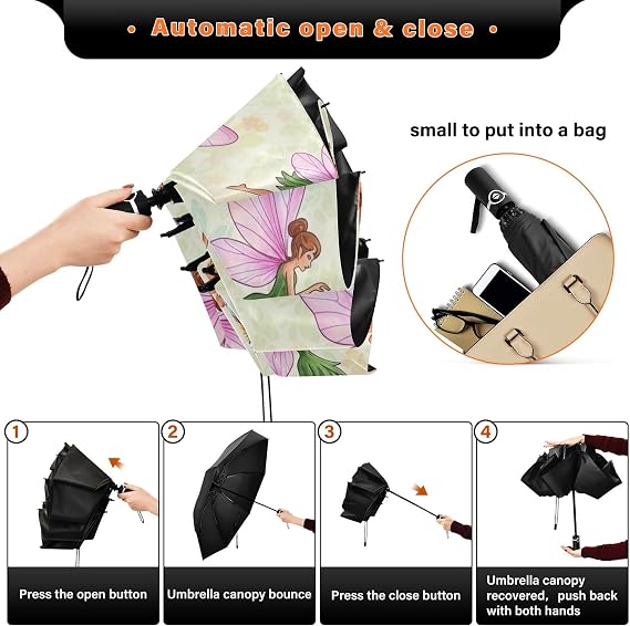 GAIREG Fairies Wings Umbrella for Rain, Lightweight Portable Automatic Umbrella for Women, Travel Umbrellas for Rain, Wind and Sun