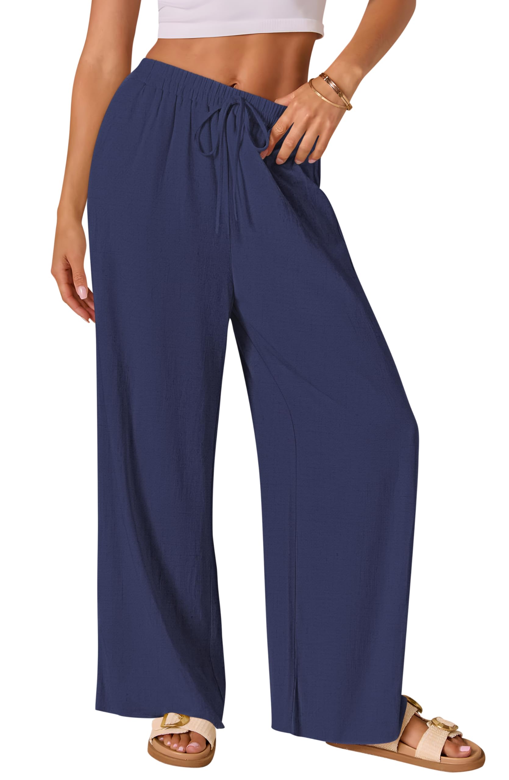 WESTGUY Pantaloni lunghi da donna in lino, a gamba larga, in cotone, con coulisse e tasche