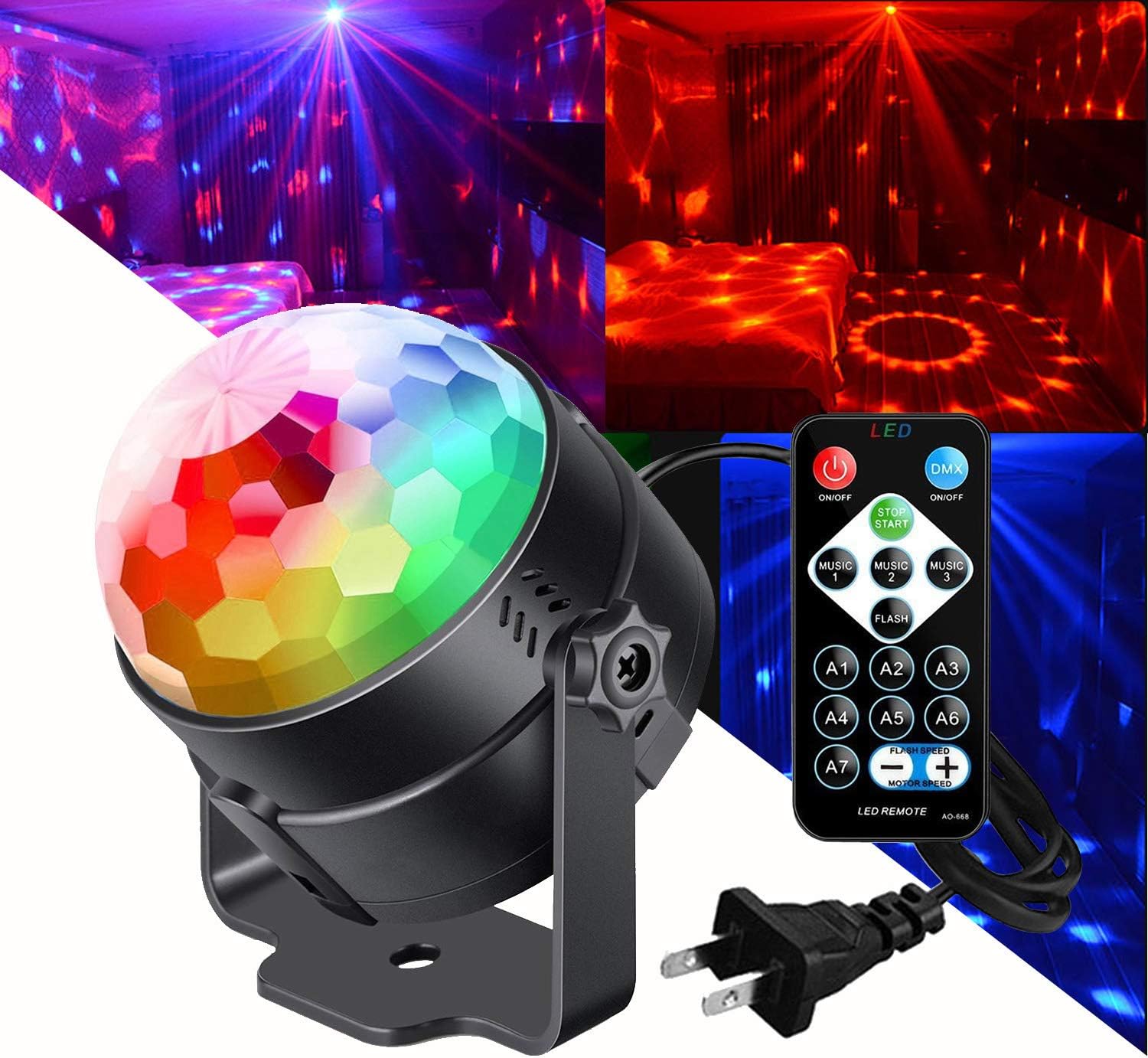 Party Lights Portable Rotating Lights Sound Activated USB Power Disco Ball LED Strobe Light 7 Color Mode with Remote for Car Home Room Parties Kids Birthday Dance Wedding Show (1 set)