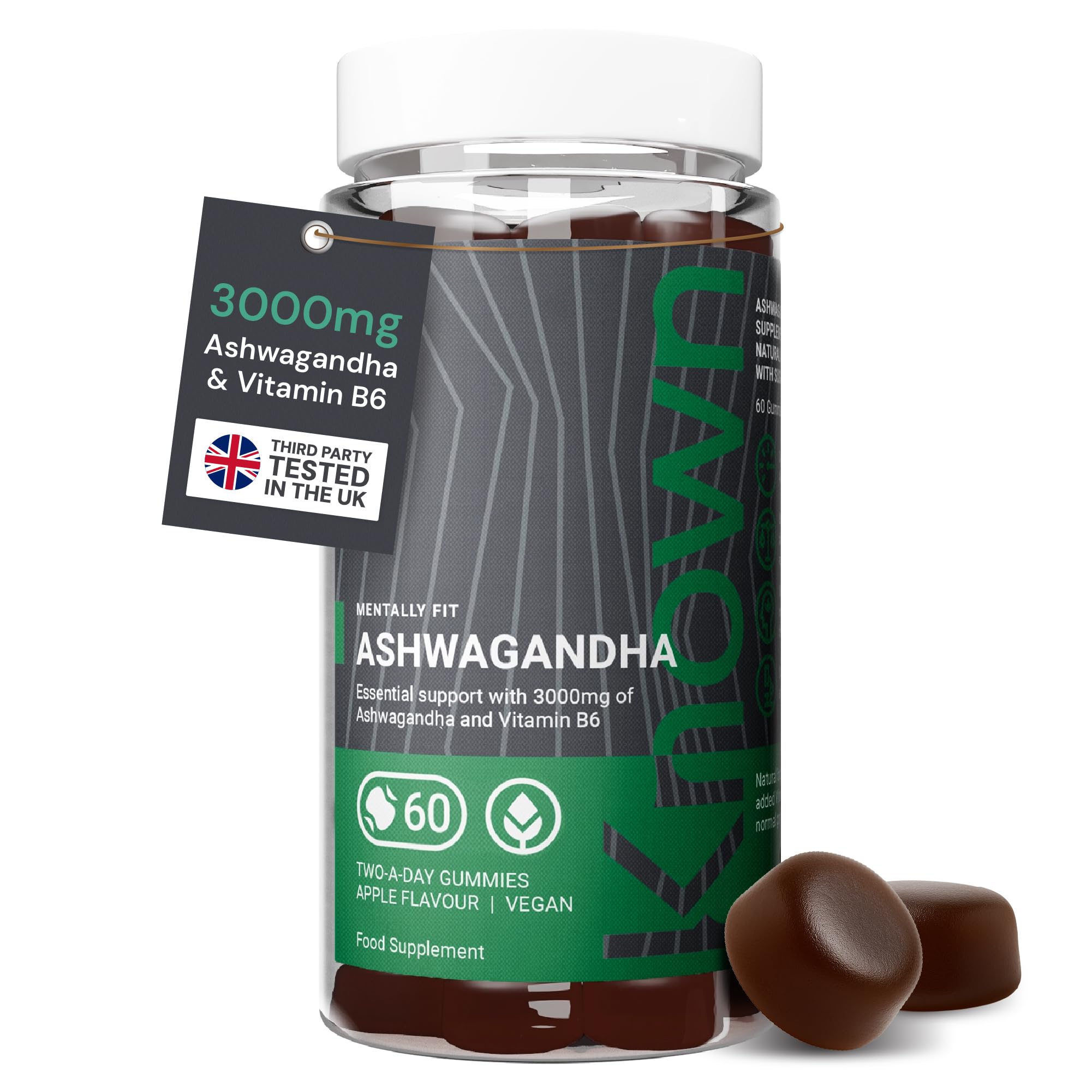 Known 3000mg High Strength Ashwagandha Gummies – Apple Flavour – Chewable Vegan Gummy Supplement – Energy, Mood & Wellbeing Support – 1 Month Supply – Root Extract with Vitamin B6 – for Men & Women