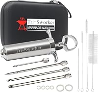 Tri-Sworker Stainless Steel Meat Injector Kit: 2oz Syringe with 4 Anti-Clog Needles, Case & Recipes for Juicy Turkey, Brisket & BBQ