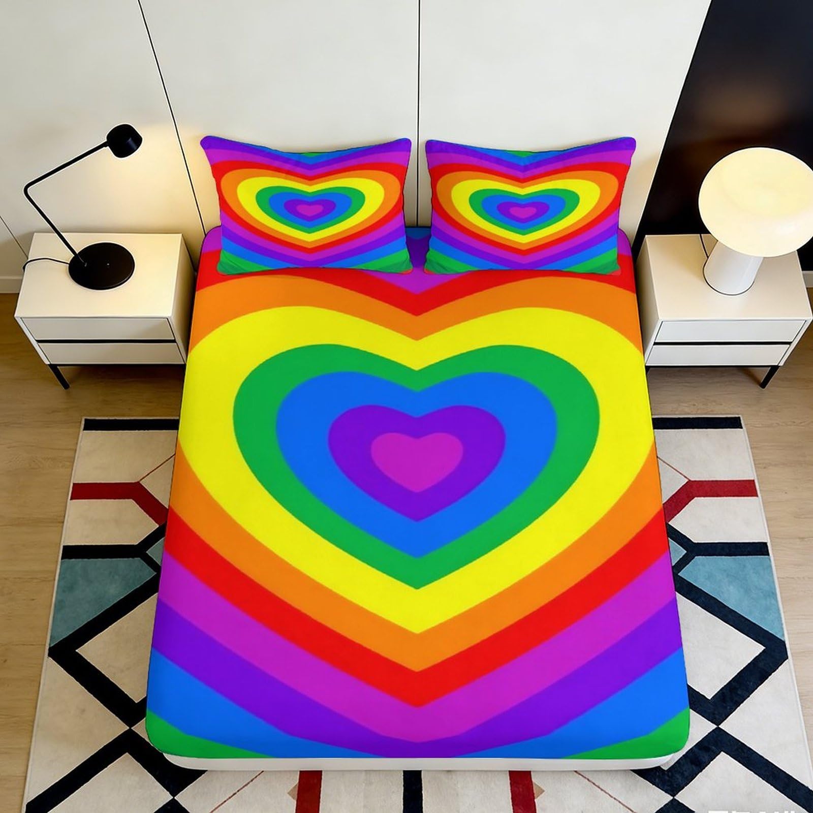 Jqzkxnhpbr Style-9 3D Printed Rainbow Heart Fitted Sheet Microfiber Vibrant Colorful Love Bed Cover For Bedroom Dorm Mattress Decor 90X200x25cm