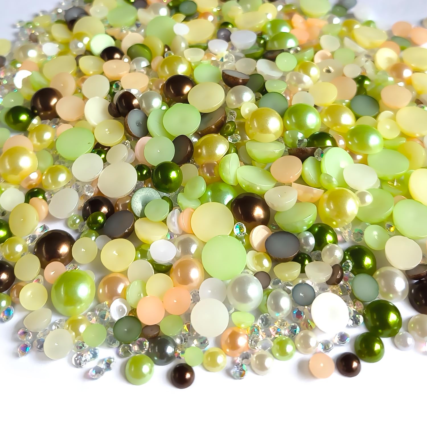50g Flatback Pearls and AB Rhinestones Set Half Pearls for Crafts Mixed Size 3mm-10mm Flat Back Pearl for Nail Art and Crafts and Decoration (Green Series)-image-4