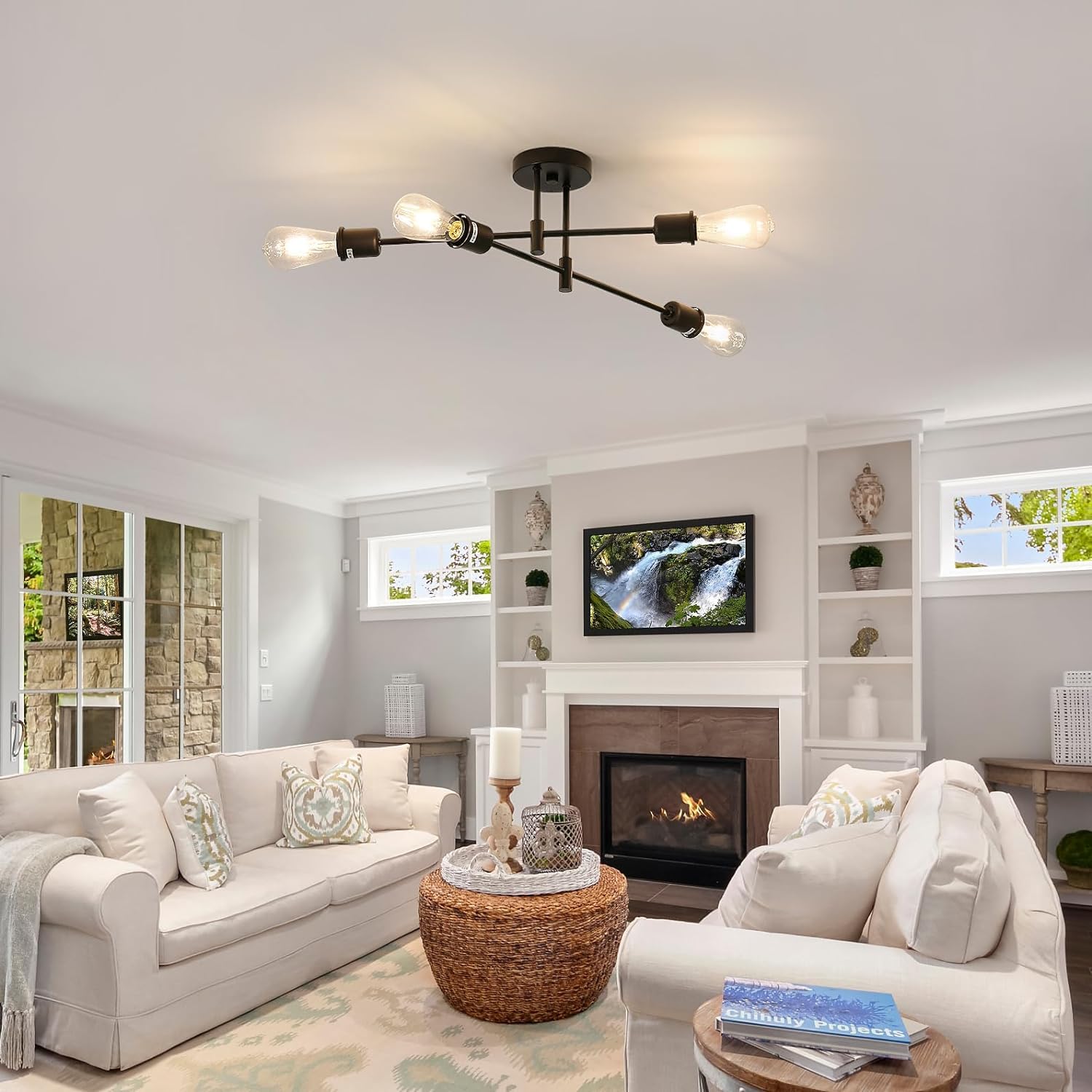 Luminaire Style Rétro Plafonnier Vintage Homefire Noir - Lumière Industrielle 4 Flammes E27 Pour Salon Et Chambre - Design Métal Rétro Plafonnier 4 Flammes