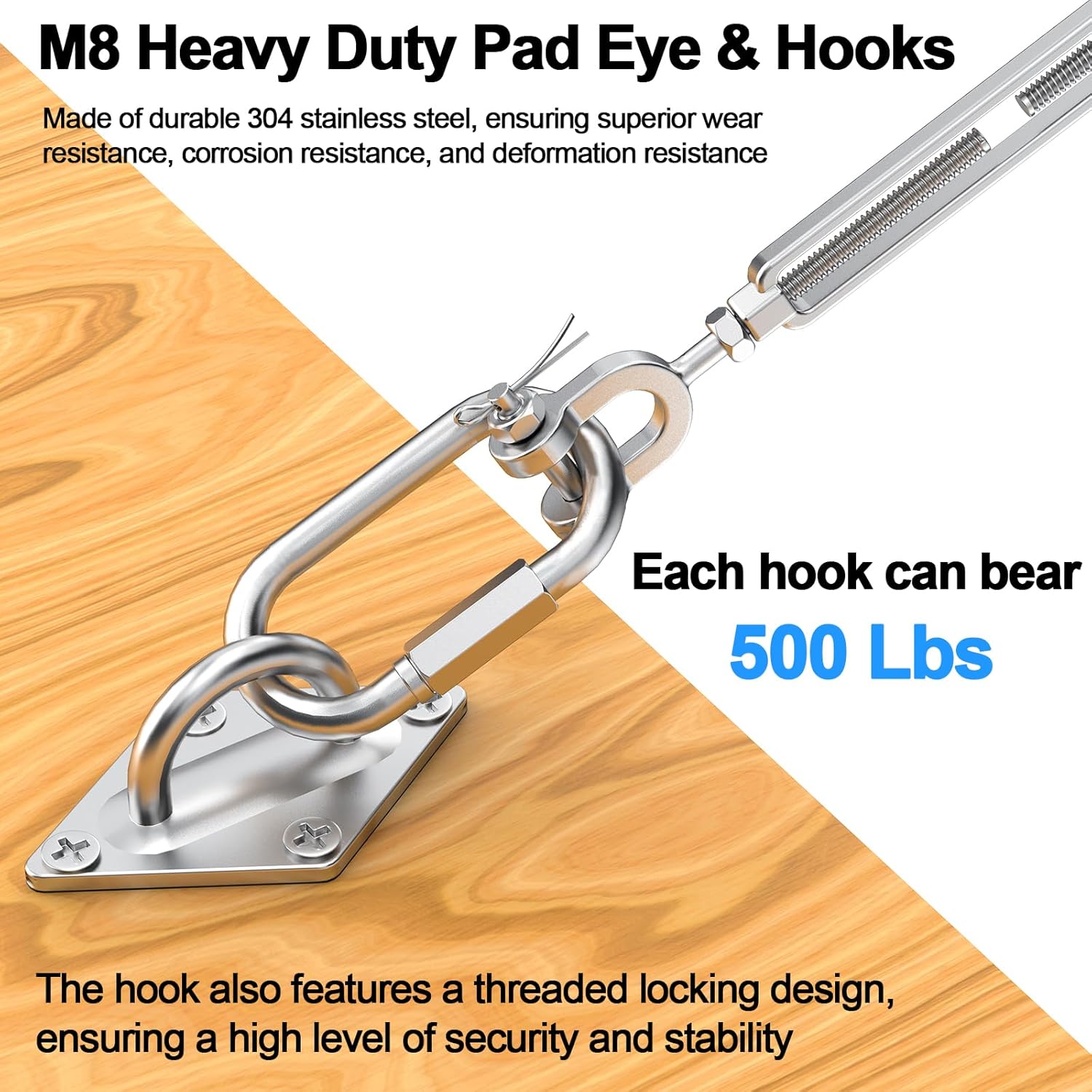 1/4" Wire Rope Kit with 100ft Stainless Steel Cable, 1/4 Turnbuckles, M8 Chain Link & Pad Eye Hooks, 1400 lbs Load Limit, Tension Cable Wire Kit for Shade Sails, Deck Railing, Camping, Boat