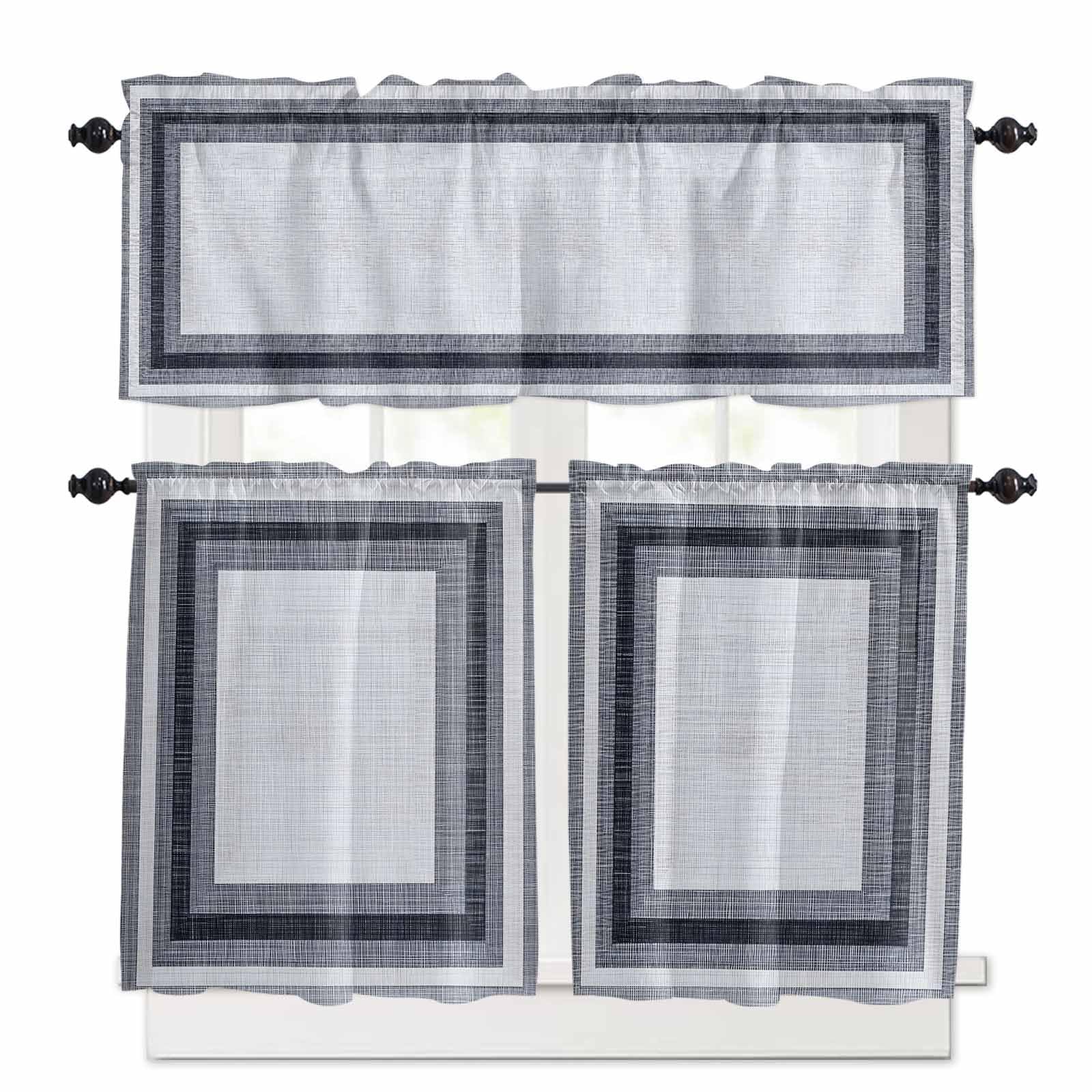 Gray Boho Kitchen Curtains 36 Inch Length,3 Piece Rod Pocket Small Half Tiers and Valance Set,Vintage Country Chic Shabby Ombre Geometric Small Large Window Treatment Decor for Bedroom/Bathroom Sink