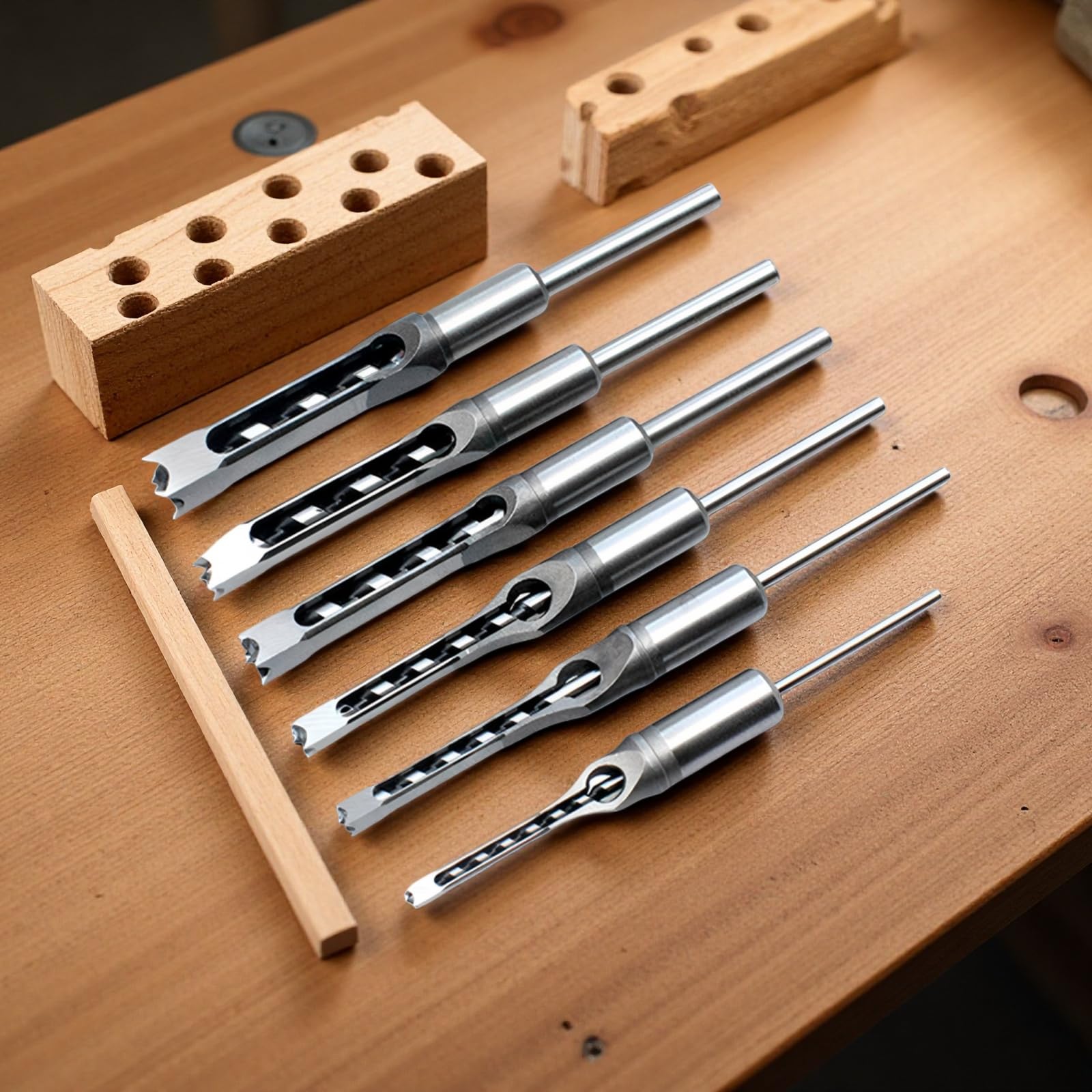 Lot de 6 forets carrés pour mortaisage, foret ciseau à bois pour menuiserie, acier argenté, 21 cm, 6 tailles, pour créer des mortaises nettes et des assemblages tenon et mortaise précis