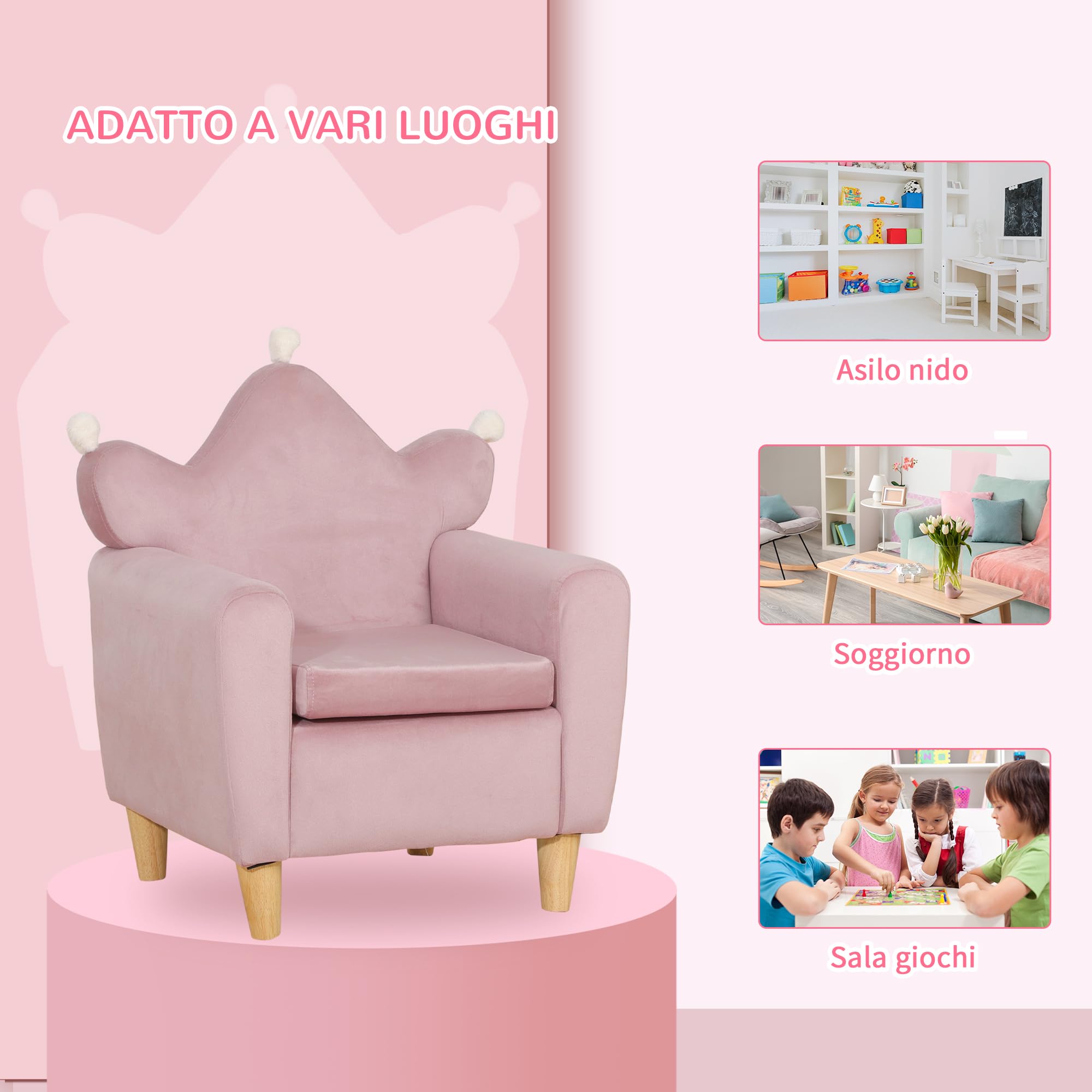 HOMCOM Poltrona per Bambini con Schienale a Corona e Imbottitura Spessa, Poltroncina per Bambini in Tessuto Effetto Velluto e Legno, 50.2x41.9x57.8 cm, Rosa