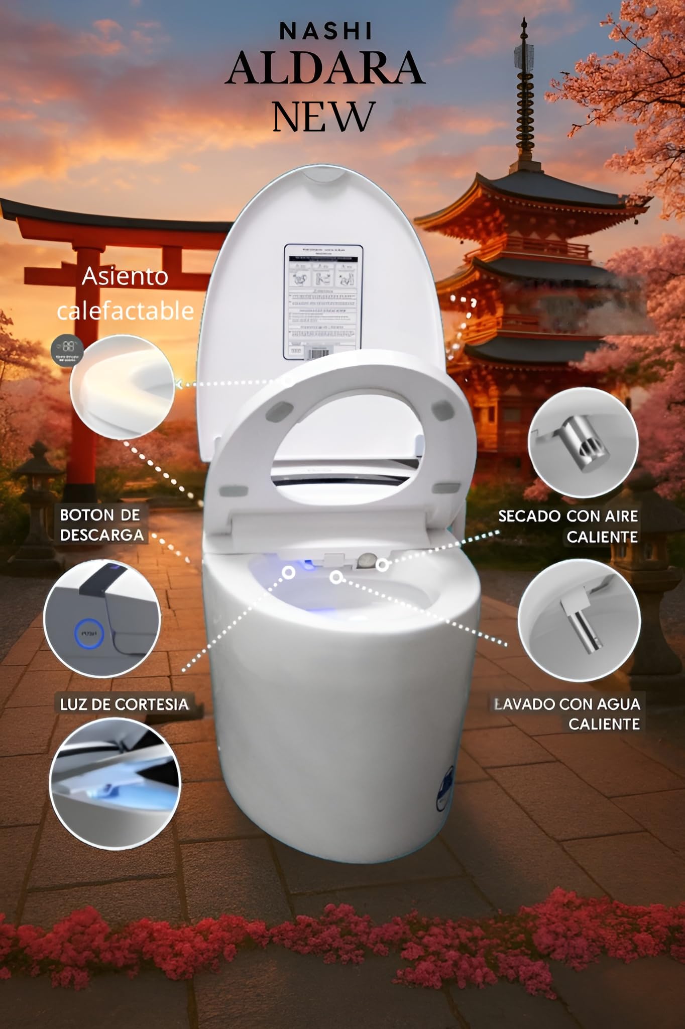 Nashi - Inodoro Japonés Salida Dual Suelo o Pared | Inodoro Bidet | Asiento Calefactable, Limpieza con Agua Caliente y Secado | Luces LED | Mando a Distancia | WC Inteligente (Aldara NEW)