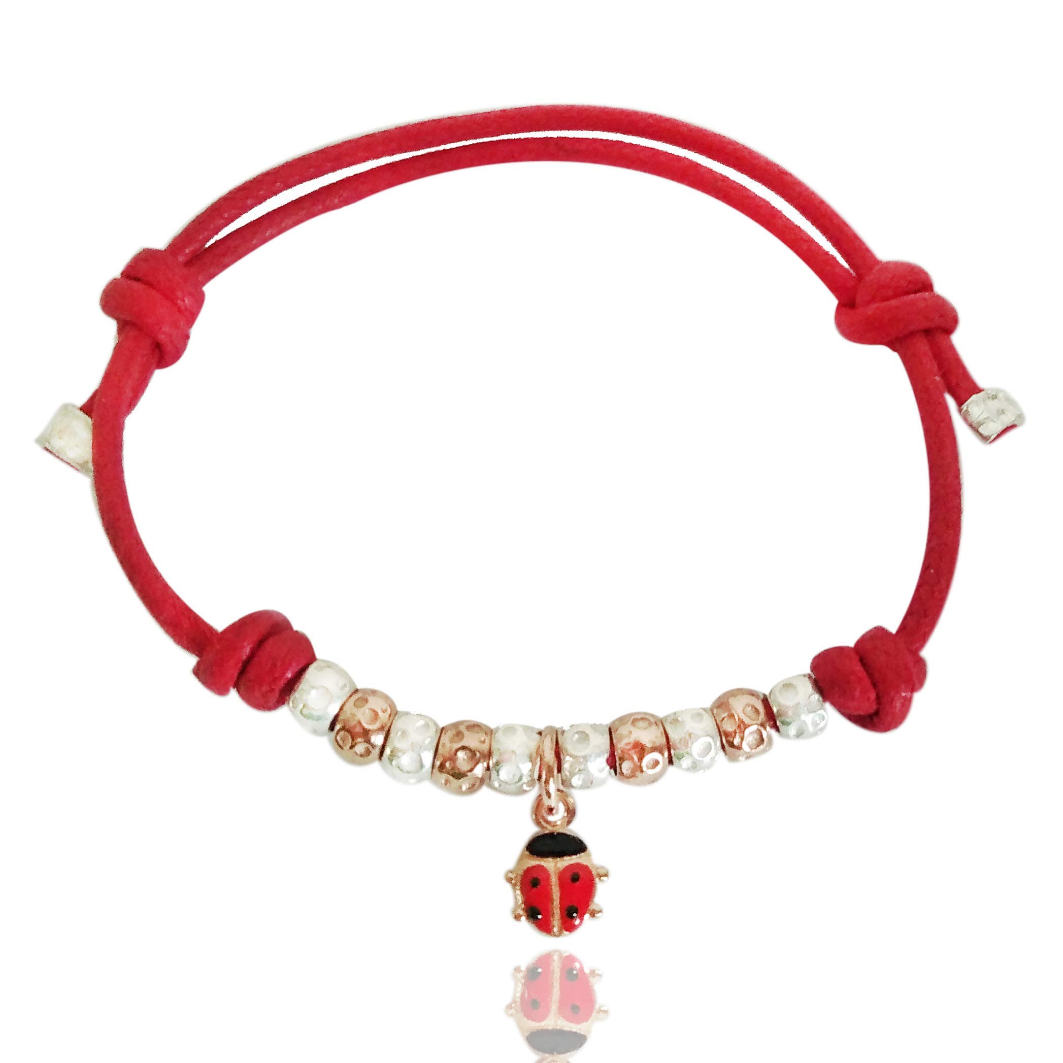 BRACCIALETTO CORDINO ROSSO con COCCINELLA SMALATATA e GRANELLI martellati in ARGENTO 925