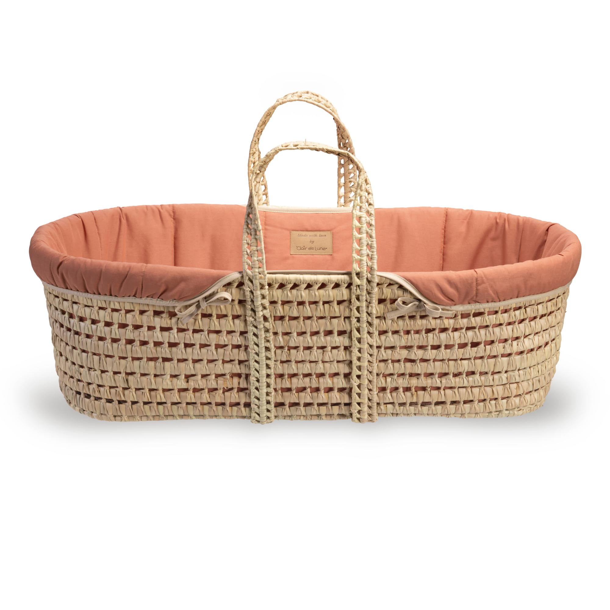 Clair de Lune Couffin en Palmier Bio - Lauréat du Prix d'or - avec Habillage Biologique, Matelas en Bambou Naturel et Drap de couffin Doux de 75 x 28 cm (Orange Rouille)
