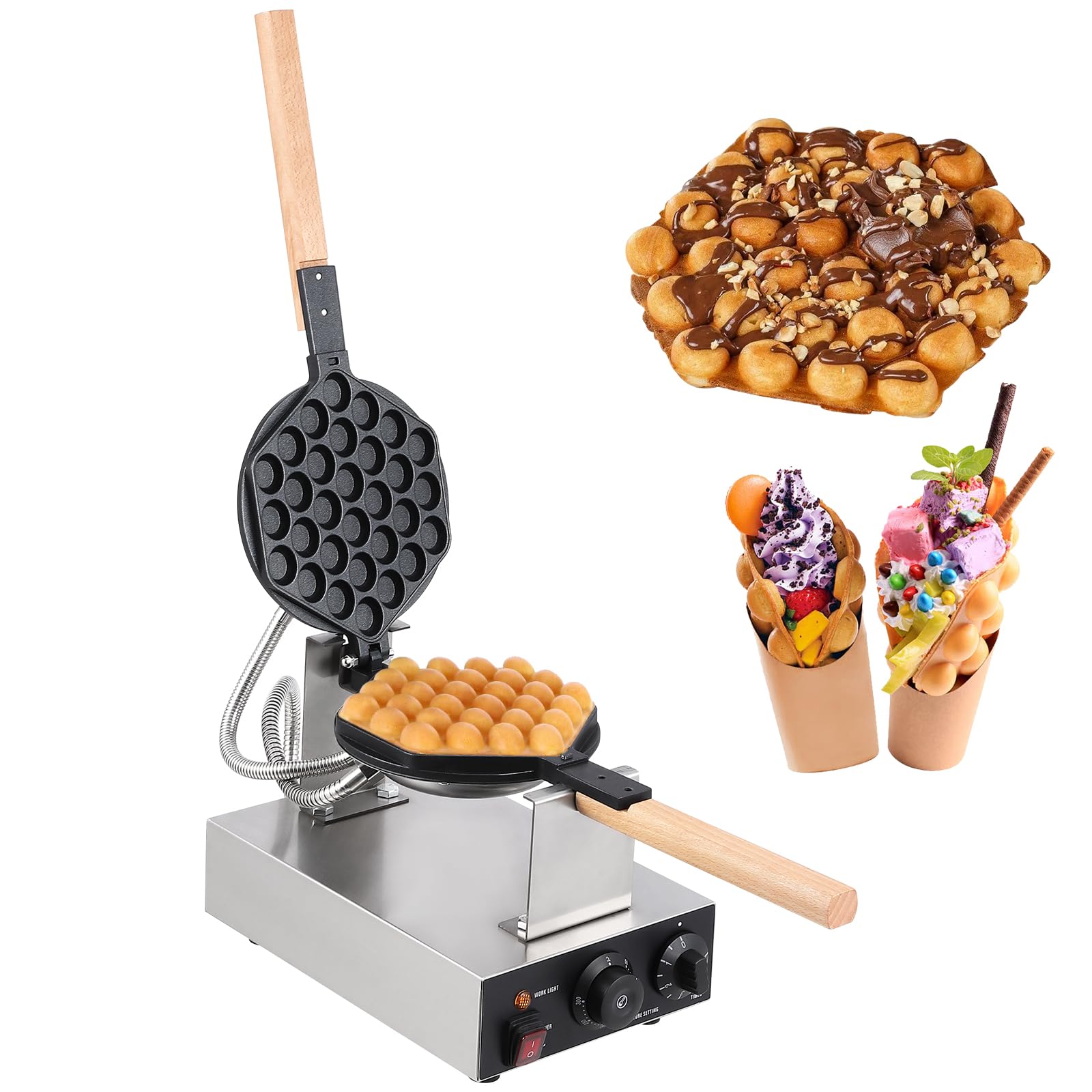Electric Bubble Waffle Maker, 1400W Non-Stick Double-Side Heating for Home and Commercial Use, Stainless Steel Design