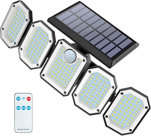 WICOLO - Luces solares para exteriores con sensor de movimiento, luces de seguridad con control remoto, 5 cabezales giratorios, 300 LED, 7000 K,