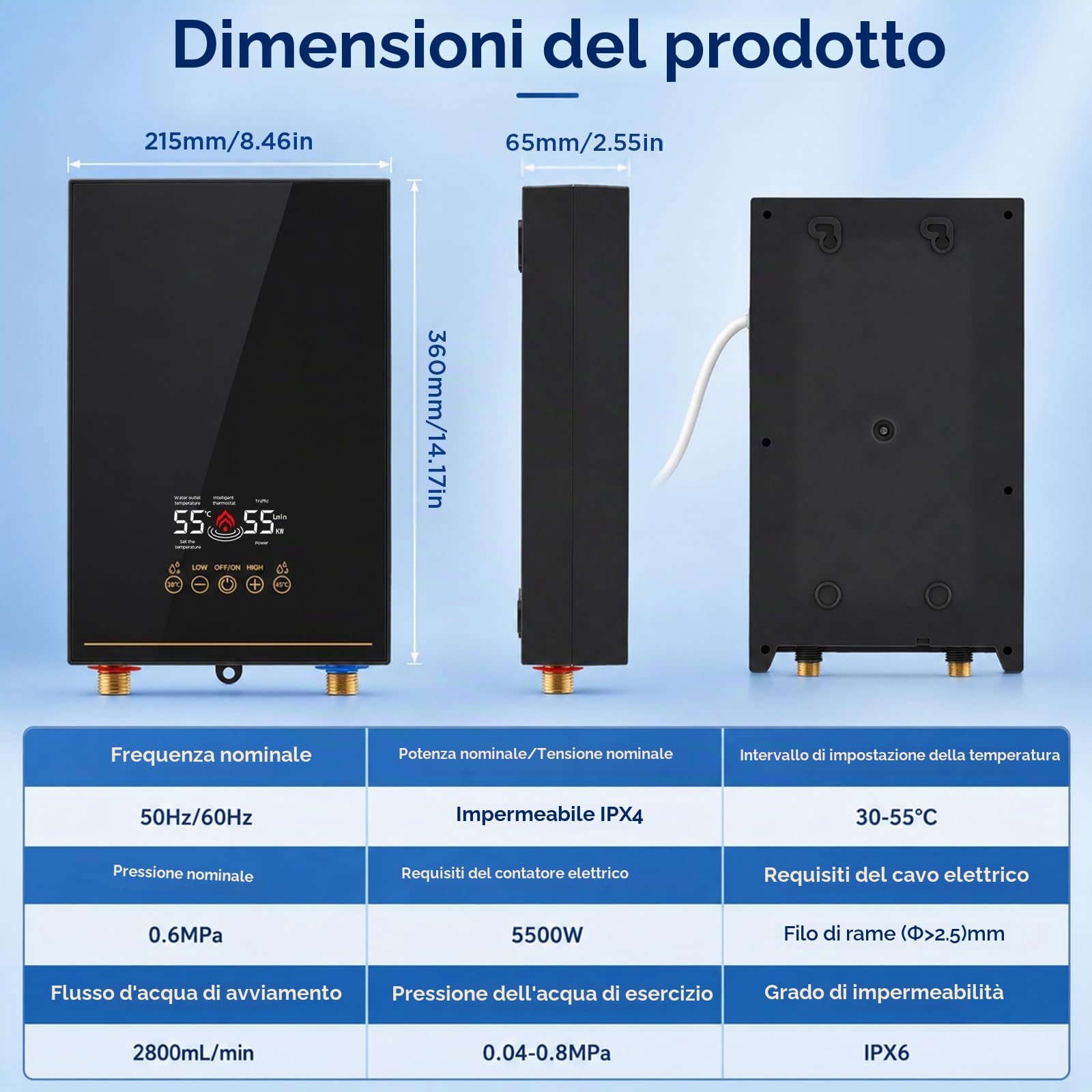 Mini Scaldabagno Istantaneo 5500 W, Scaldabagno Elettronico Istantaneo con Display a LED, Temperatura Regolabile 30 a 55 °C, Piccolo Scaldabagno Istantaneo per Doccia, Bagno, Cucina, Giardino