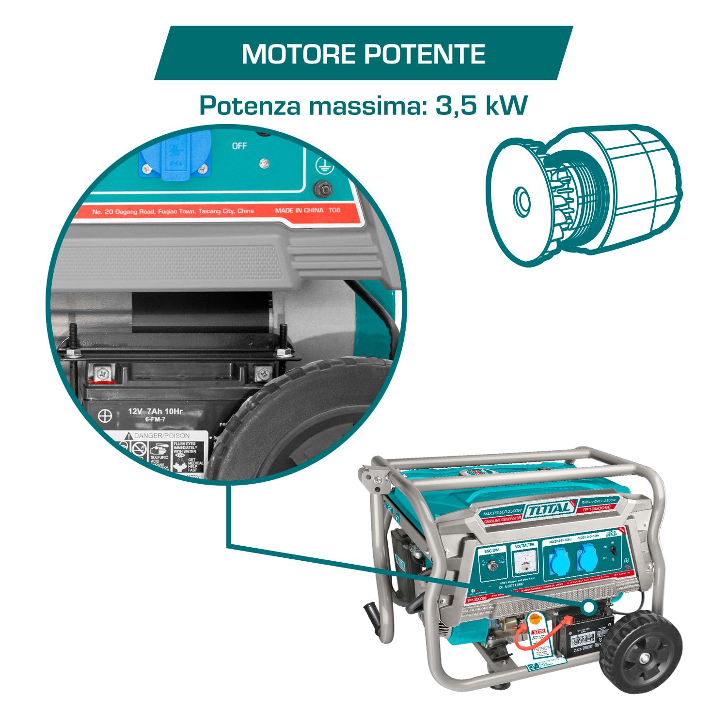 TOTAL - Generatore di Corrente Portatile 3500W a Benzina, Alternatore in Rame, Avviamento Elettrico e Manuale, Motore 4 Tempi OHV, Silenziato, Serbatoio 15L, Ruote e Impugnatura