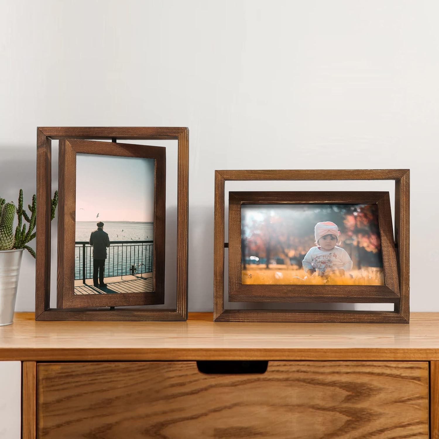 Egofine 2 Pack 4x6&5x7 Rotating Floating Picture Frames Double-Sided Display with HD Glass Front Wooden Distressed Frame for Vertical or Horizontal Tabletop Display