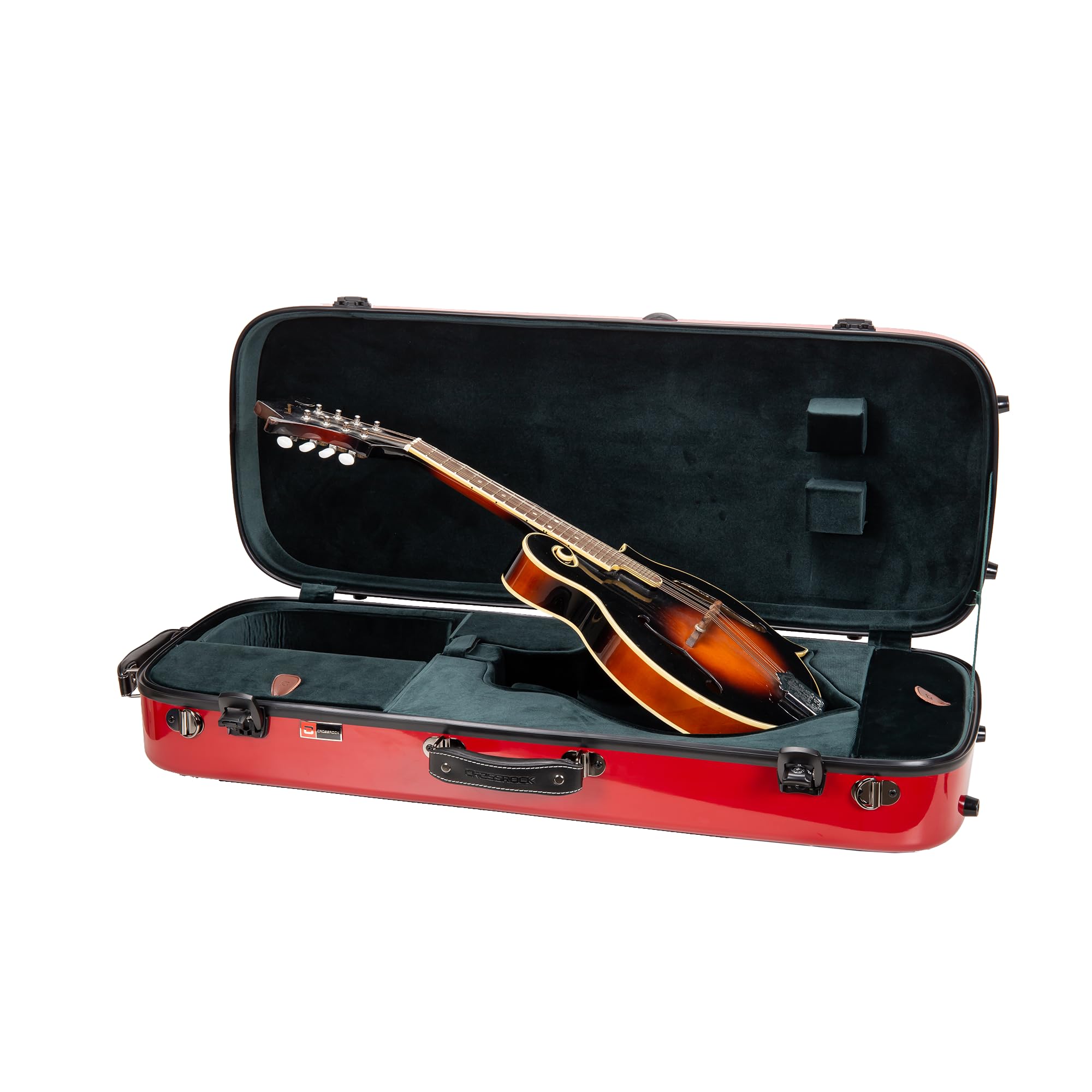 Crossrock Fiberglass Mandolin Case – Oblong for F-Style (Fits Gibson F5) | Red Gloss Finish, Forest Green Velvet, TSA Lock, Hygrometer, Backpack Straps – Hard Shell Pro Travel Series