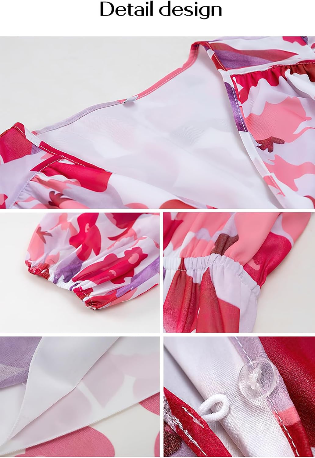 ebossy Women's Boho Floral Print Chiffon Dress Short Sleeve V Neck Girdle Waist Beach Maxi Long Dresses - Image 6