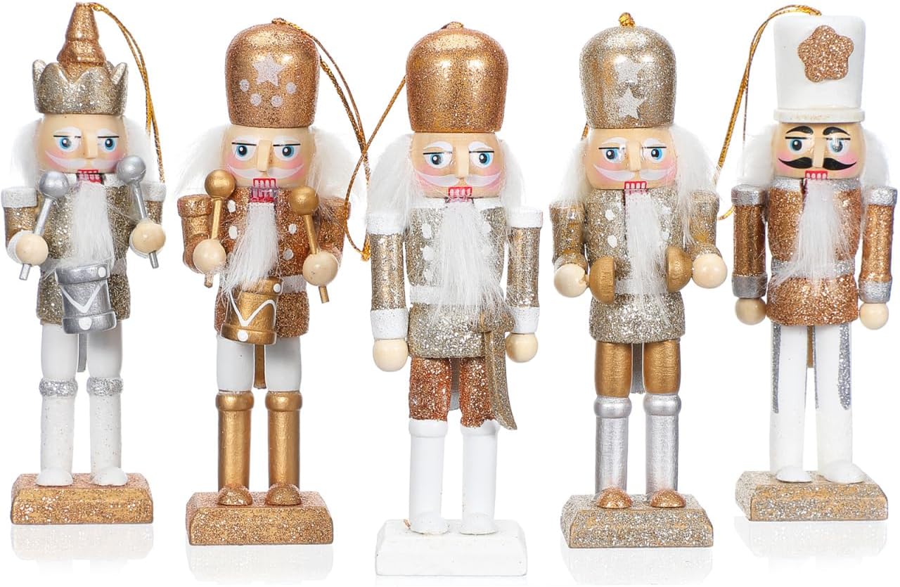 Ipetboom 10pcs Christmas Nutcracker Ornaments - 2 Set Wooden Soldier Figures Holiday Xmas Tree Decorations with Hanging Pendant for Home Party Desk Creative Puppet Ornament - White Gold 5.11in