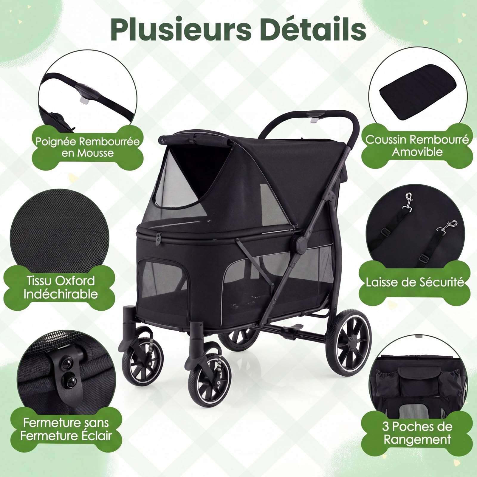 COSTWAY Poussette pour Chien Chat Pliable, Grand Entrée Basse, Auvent Réglable, Charge 40 kg, Chariot pour Chien Chat à 4 Roues, Poches de Rangement, Laisse de Sécurité, Coussin (Noir,Style 16)