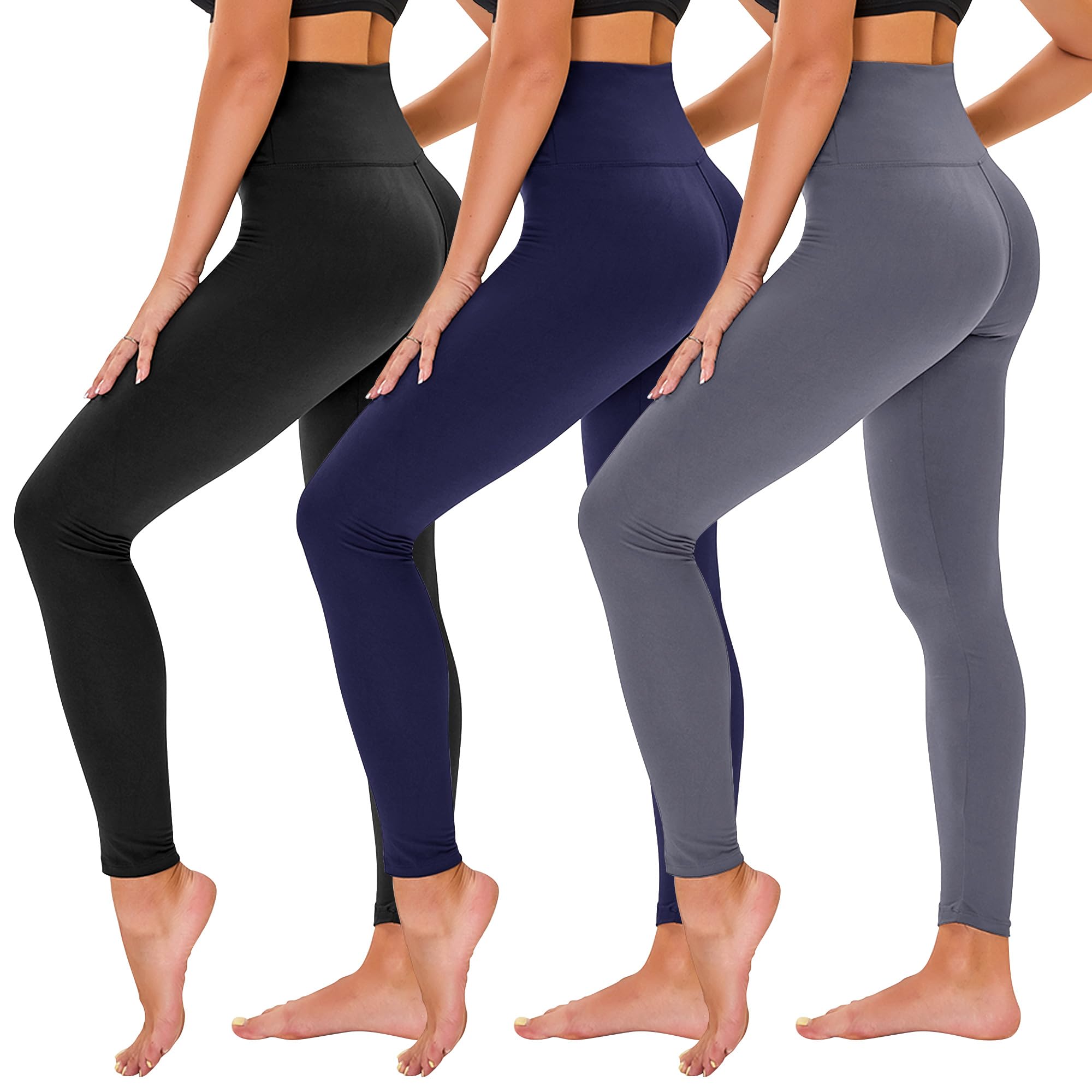 TNNZEET 3 Pack Leggings for Women - Black Tummy Control High Waisted Soft Yoga Pants for Workout Gym Running with Pockets