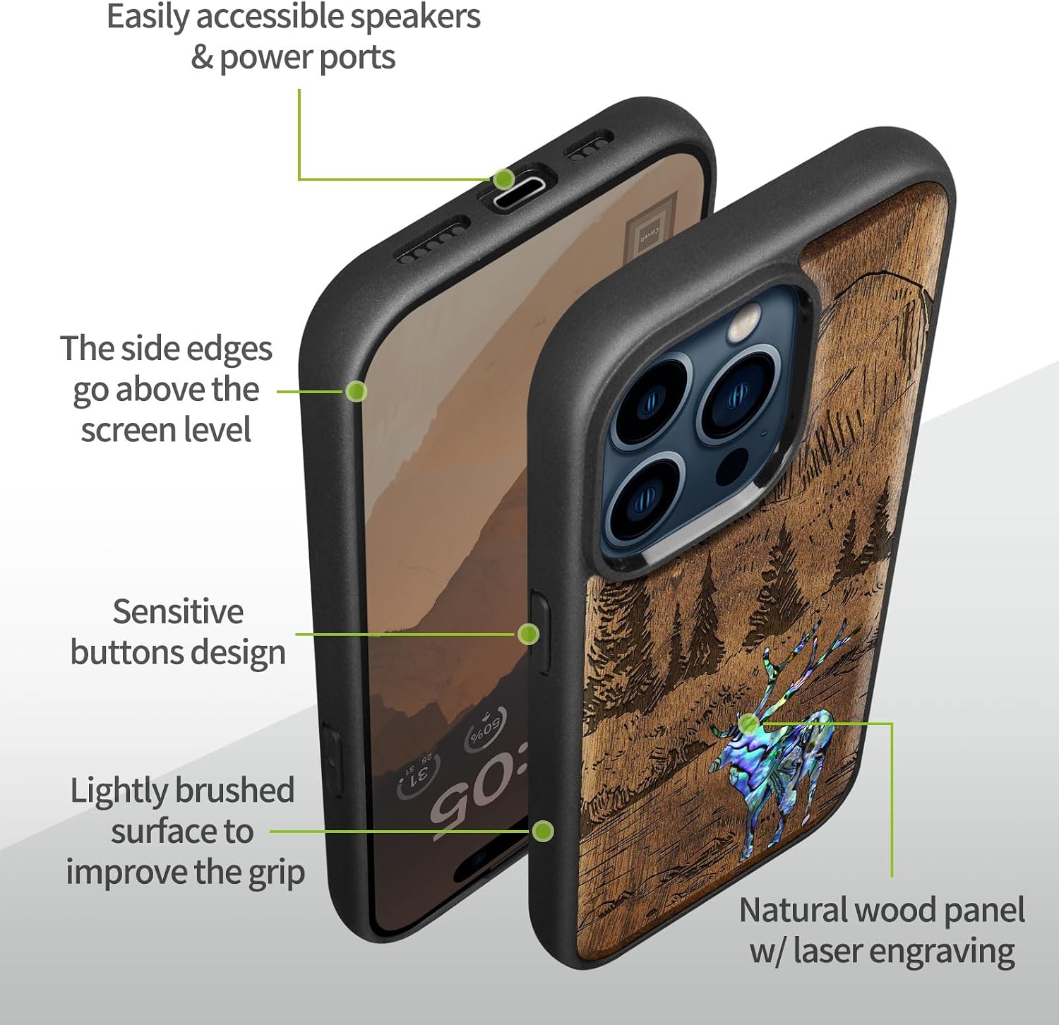 Carveit Wooden Case for iPhone 15 Pro Max Magnetic Case, Compatible with MagSafe Wireless Chargers, Shockproof Cover, Handmade Shell Inlaid & Wood Artisan Engraved (Forest Deer) Walnut