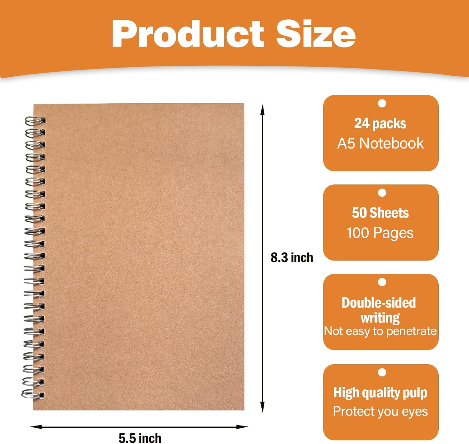 24 pack a5 bulk spiral notebooks with kraft cover, 8.3 x 5.8 inch 100 pages hardcover spiral lined notebook journal, ruled lined paper