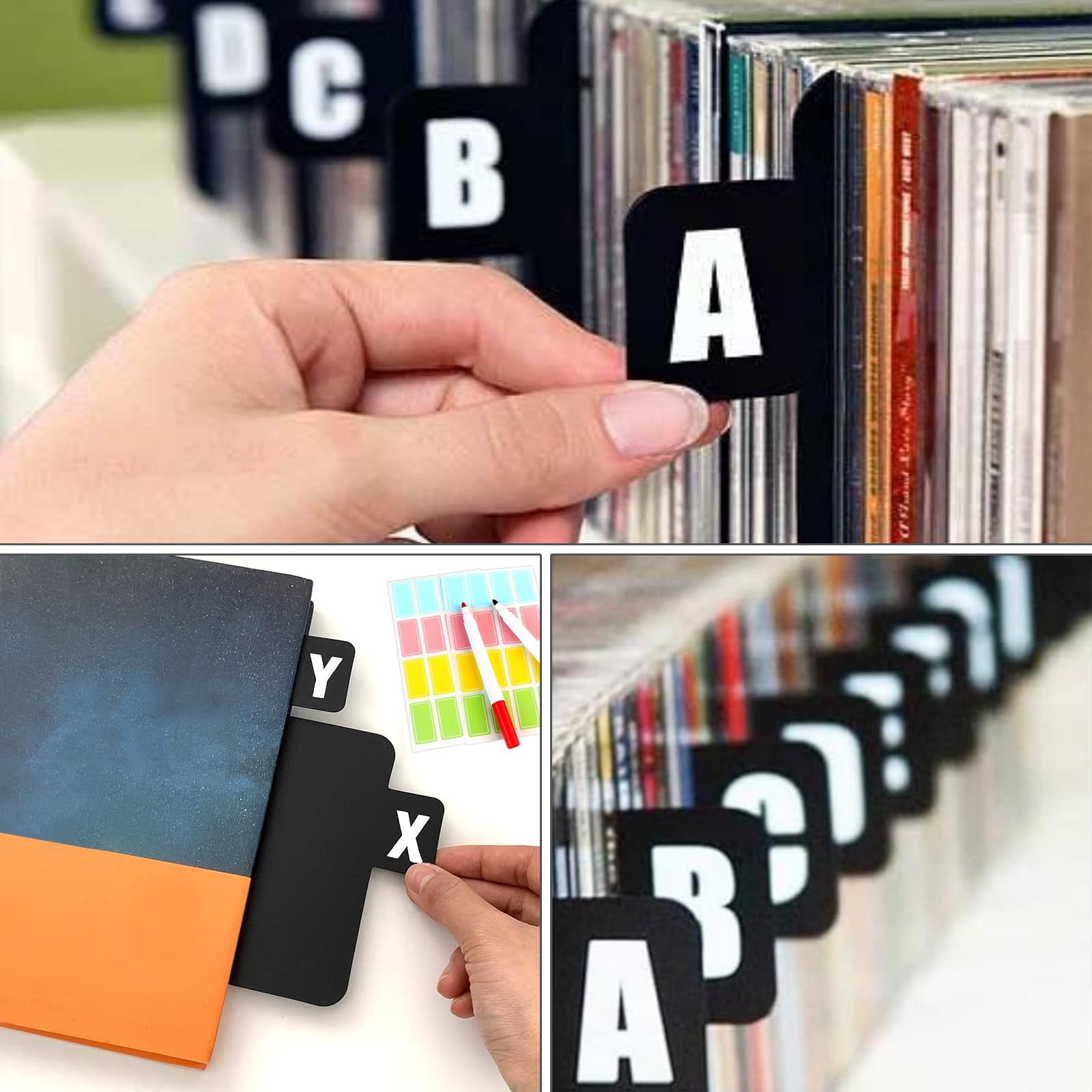 26 divisori per CD e DVD con linguette alfabetiche nere dalla A alla Z, in vinile, con etichette adesive, pennarelli, organizer, organizer per scheda, scheda, album, file