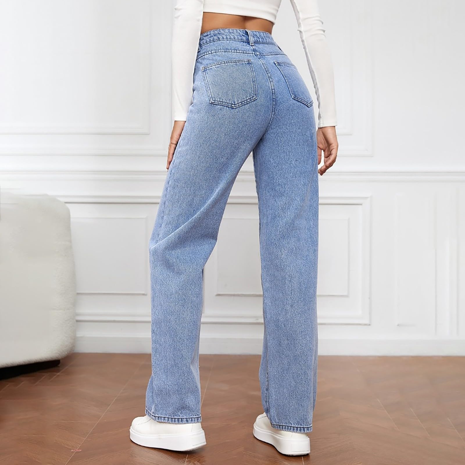 Générique Jean Femme Taille Haute Coupe Droite Straight Jeans Baggy Jambes Larges amincissantes avec Tous Les Pantalon Automne Hiver Elastique Classique en Denim Jean Coupe Boyfriend
