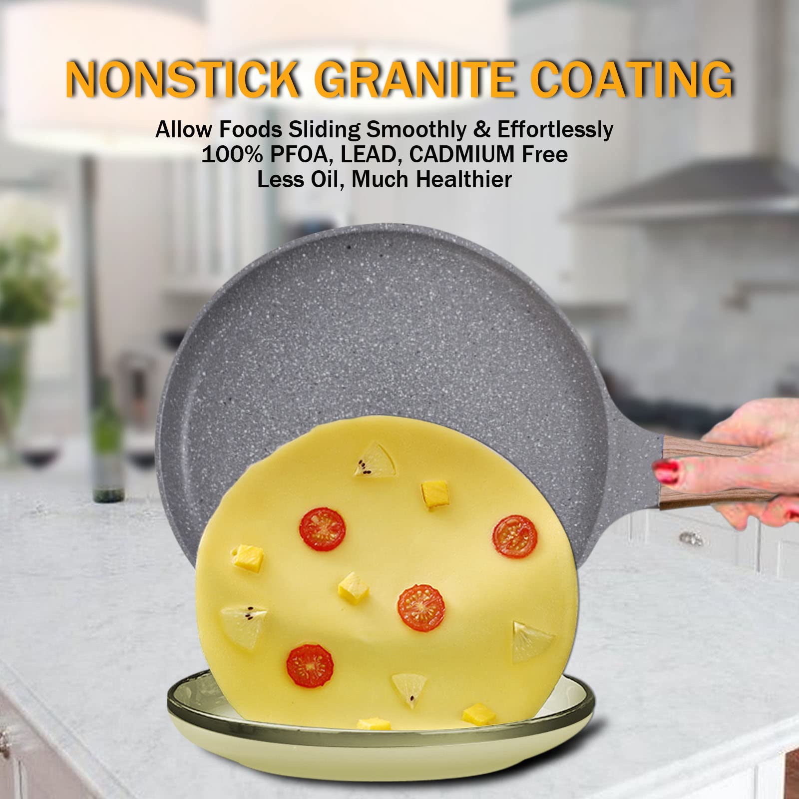 Sartén antiadherente para crepes con espátula esparcidora, 9.5 pulgadas con revestimiento de granito para cocinar, sartén plana para tortillas, tortillas, tortillas, panqueques, parte inferior de