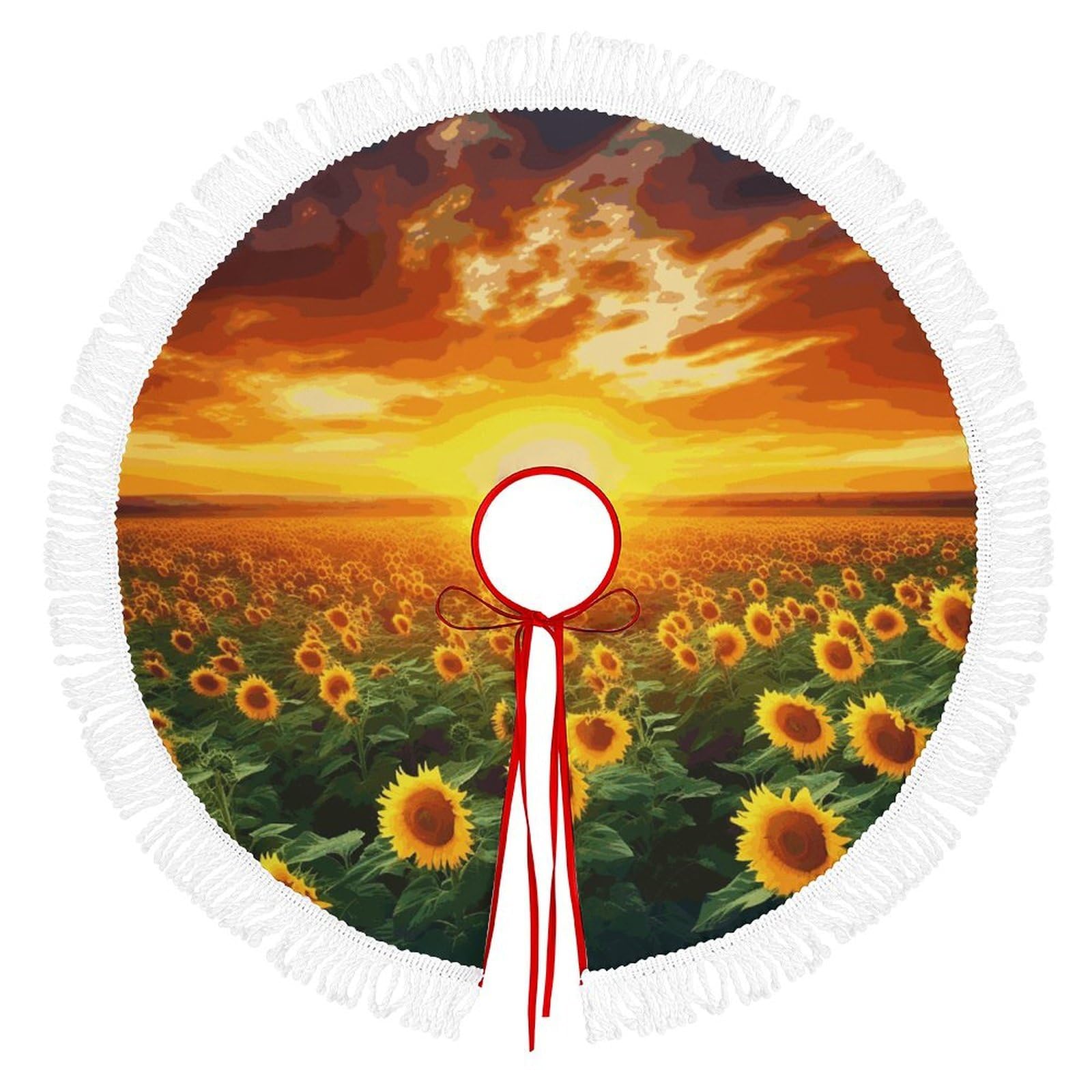 Dreamlike Sunset of A Sunflower Field Christmas Tree Skirt Fashion Waterproof Trees Skirt Vintage Tree Skirts Farmhouse Decor Xmas Holiday Home Party Decorations