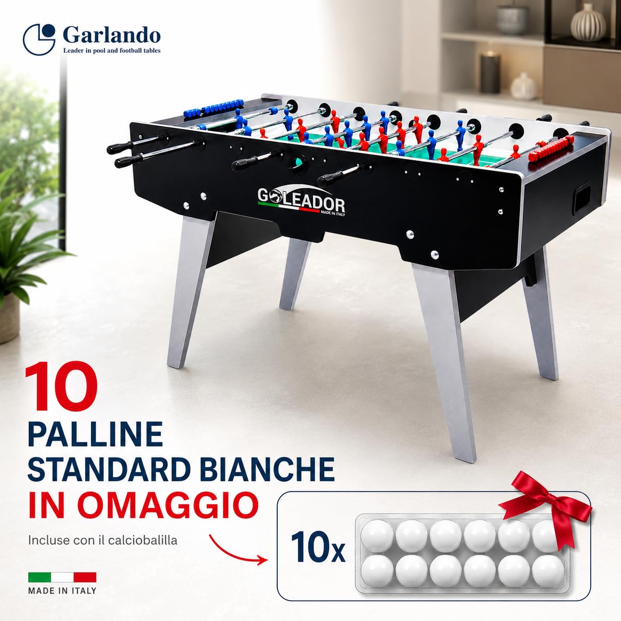 Garlando Goleador [Calcio Balilla Made in Italy] Aste rientranti o Uscenti | Biliardino Calcetto Calcio da Tavolo Professionale, Vetro Temperato Infrangibile, Gambe Pieghevoli, Palline Incluse