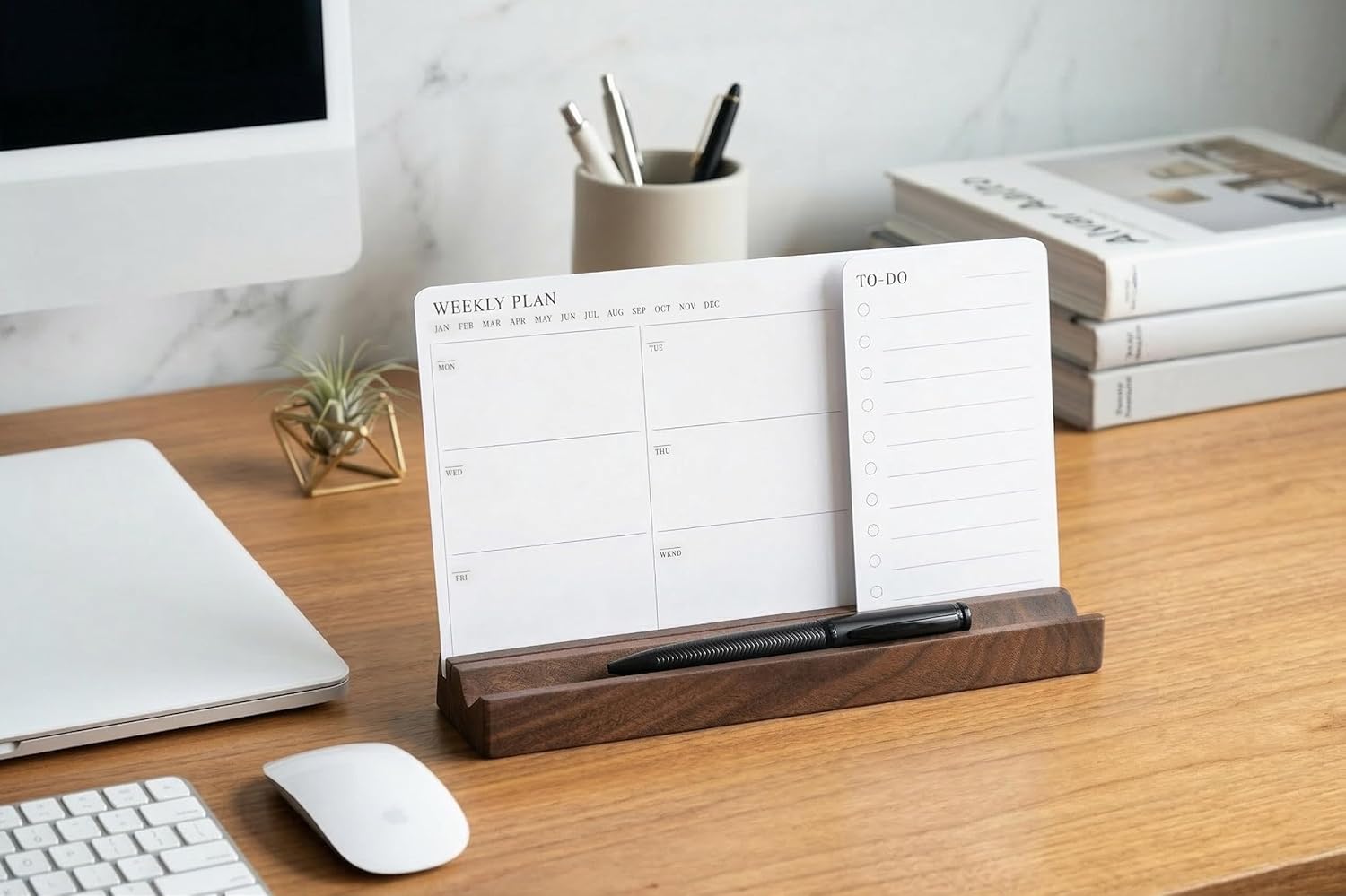 Minimalist Weekly Planner Desk Set – Solid Black Walnut Stand with Pen Tray, Double-Sided Planner & To-Do Cards (Walnut Stand and Planner Cards)